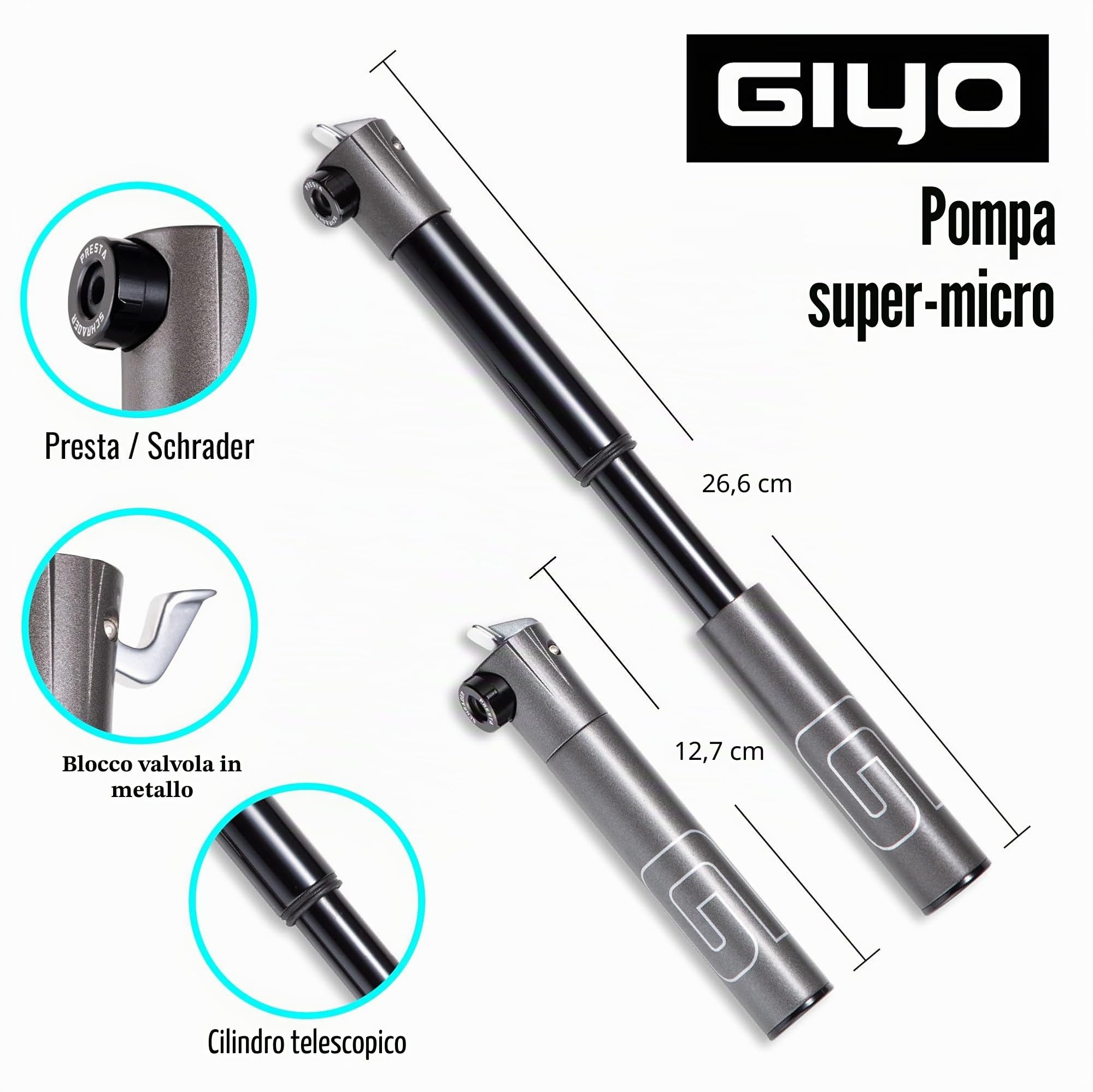 GIYO Pompa per Pneumatici Bici 80 PSI Telescopico All Metal CNC Portatile Mini Pompa Valvola Schrader Presta MTB