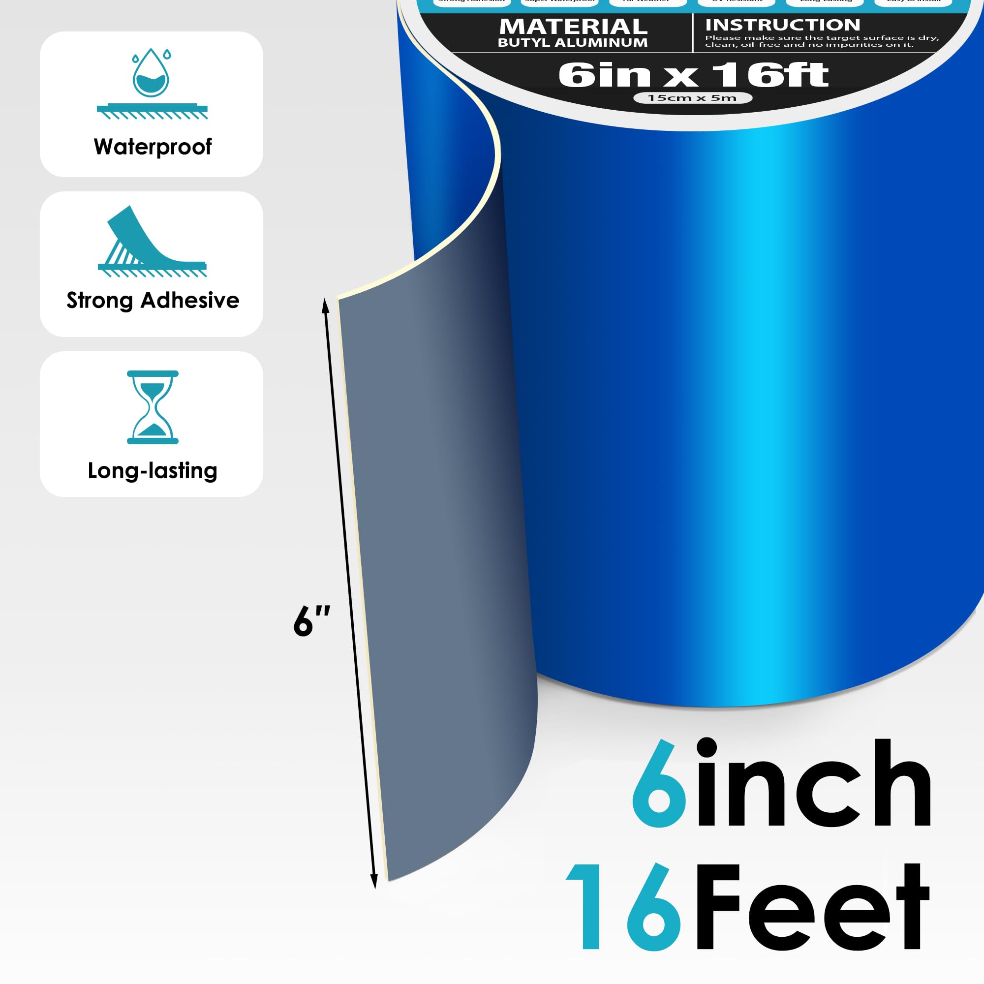 Nastro super impermeabile, 15,2 cm x 4,9 m, autoadesivo, a prova di perdite, nastro sigillante in butile blu ad alta resistenza, per tetti di camper, crepe sul tetto, toppa per rivestimento