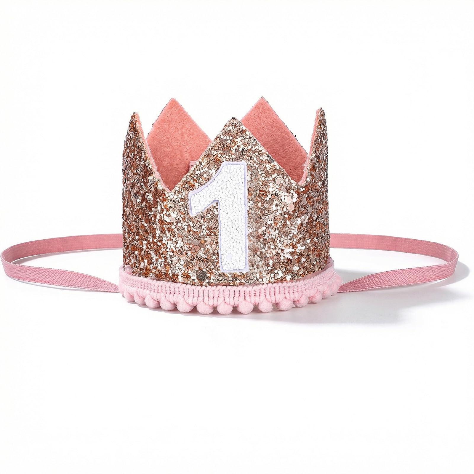 Wanmu Glitter Birthday Crown 1st Birthday Felt Decorative Headwear Rose Gold Glitter Milestone Ornament for Birthday Themed Party Table Decoration