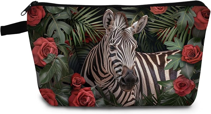Necessaire de maquiagem YULUENZE com estampa de zebra e zíper metálico