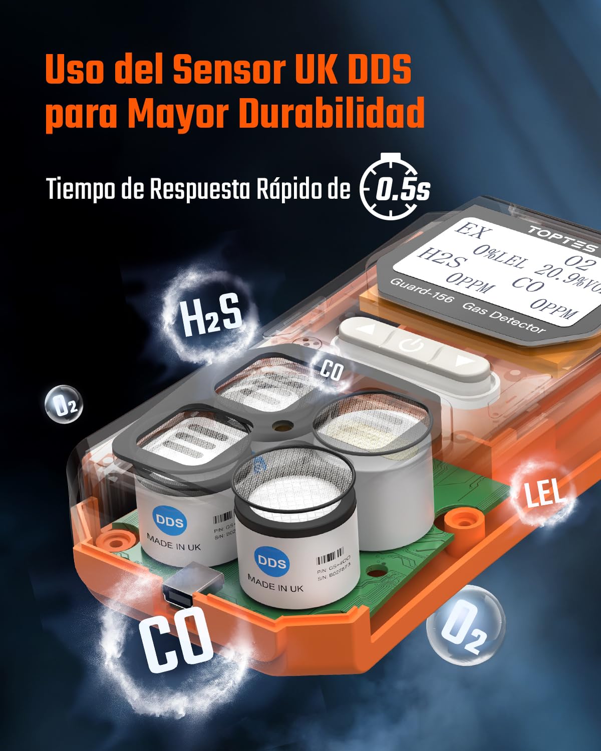 TopTes Guard-156 Detector 4 en 1 para H2S, CO, LEL y O2, Triple Alarma (Visual, vibración, Sonido), Respuesta rápida 0,5 s, diseño Antipolvo para Seguridad en Trabajo y hogar