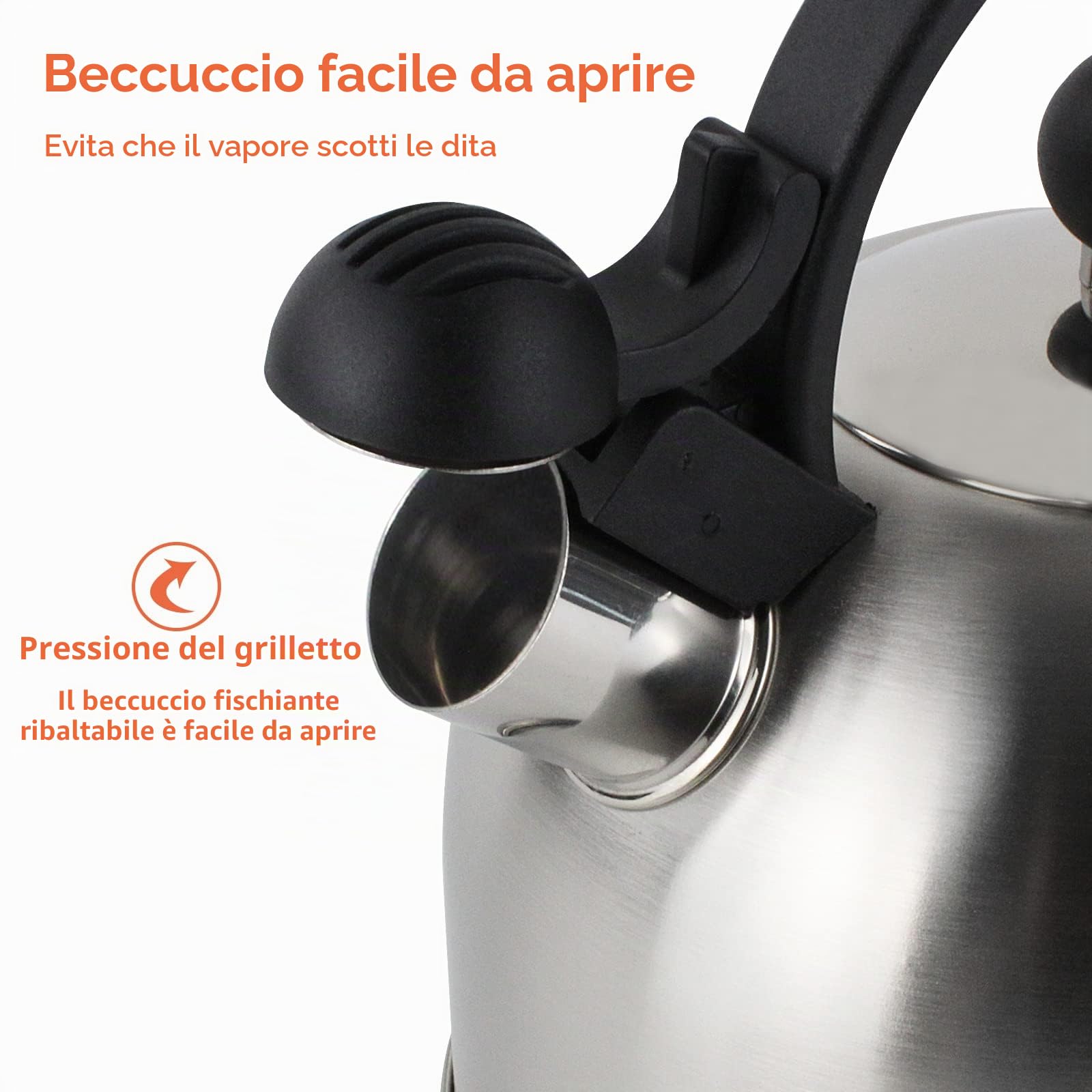 ROSSETTO Bollitore per acqua Bollitore per tè 2,5 litri in acciaio inossidabile di alta qualità Bollitore per acqua a induzione Bollitore per tè con suono di fischio, adatto a tutti i tipi di cucine