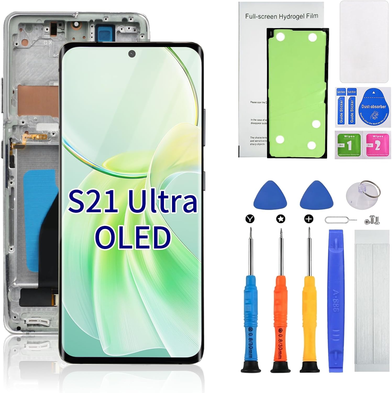 OLED for Samsung Galaxy S21 Ultra Screen Replacement with Frame Support Fingerprint,SM-SM-G998U SM-G998B Includes Tools, Hydrogel Film&Installation Guide (S21Ultra-Silver)