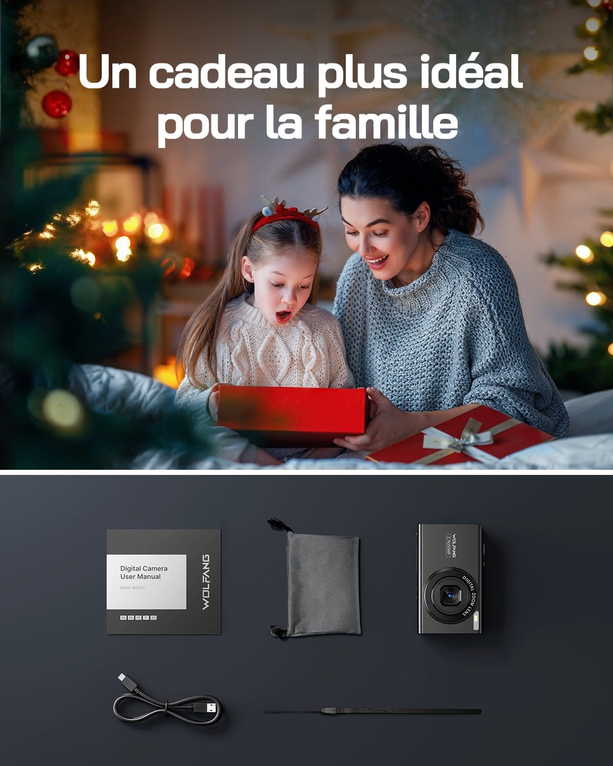 WOLFANG Appareil Photo numérique, caméra Enfant 2,7 K pour Photographie, vlogging compacte 50 MP, caméra vidéo Zoom numérique 16x, numérique Point de Mise au Point Automatique et