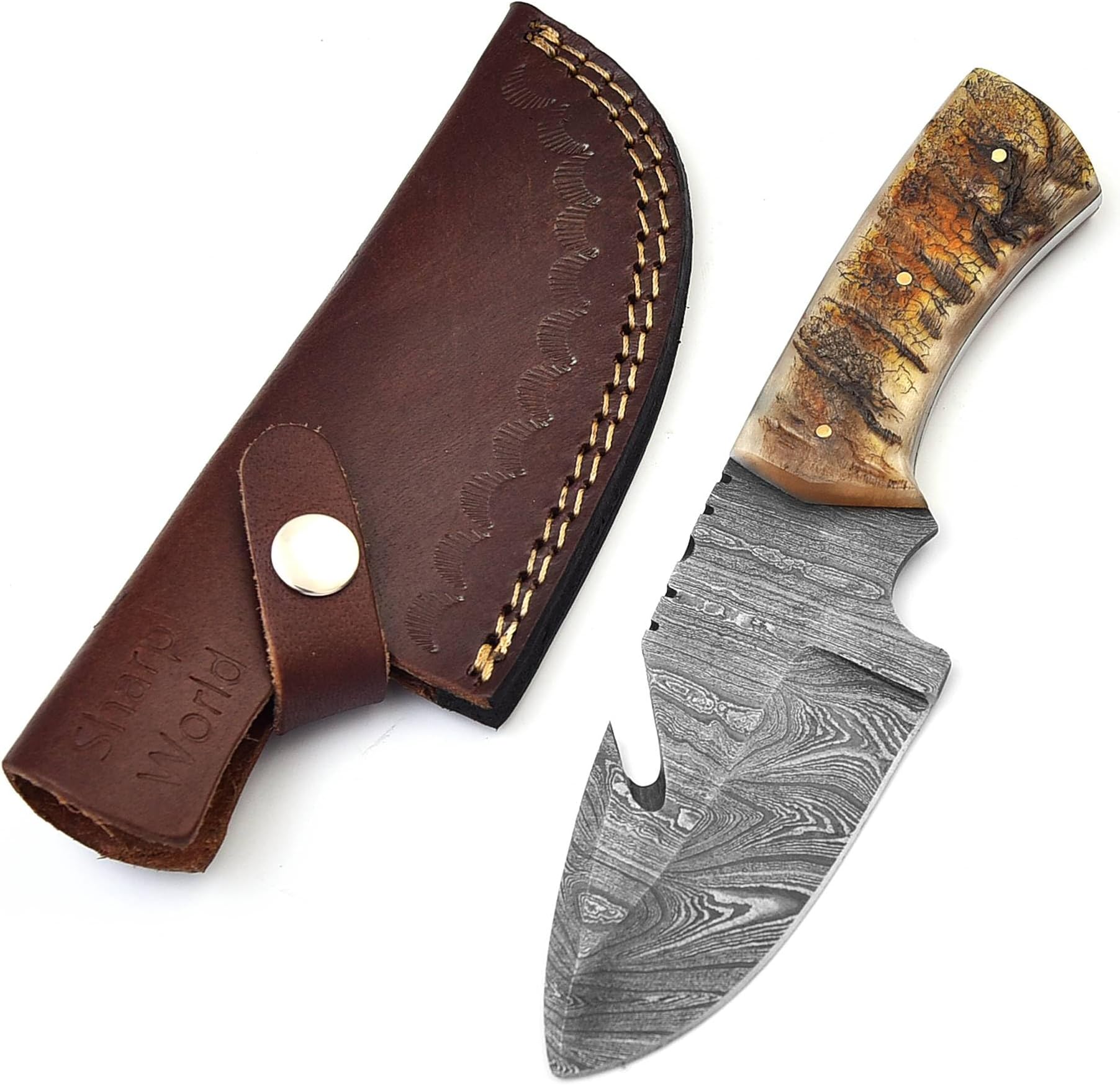 8’’ Handmade Damascus GutHook Knife with Brown Leather Sheath-Fixed Blade EDC Knife-Bushcraft Knives-Exotic Handle-Best Camping Knives for Men TJ111