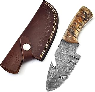 Beautiful Damascus Gut Hook Knife Made Of Remarkable Damascus Steel Ram Handle/w Brown Leather Sheath TJ111 - SharpWorld