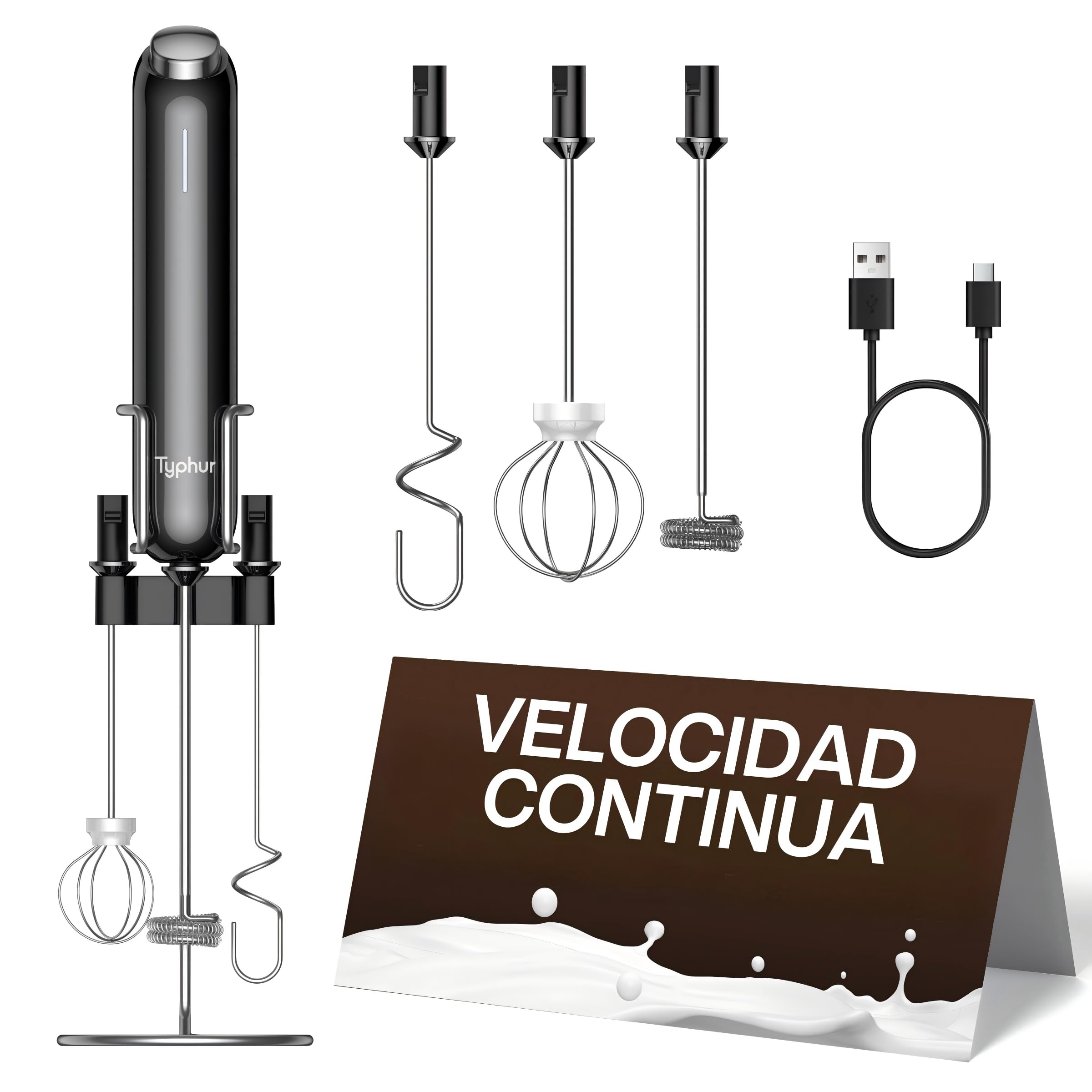 Typhur InstaWhisk Espumador de Leche Eléctrico de Mano, Recargable USB-C, Velocidad Variable, 3 Batidor Desmontable, sin Salpicaduras, para Café, Capuchino, Matcha, Leche de Avena, Soja