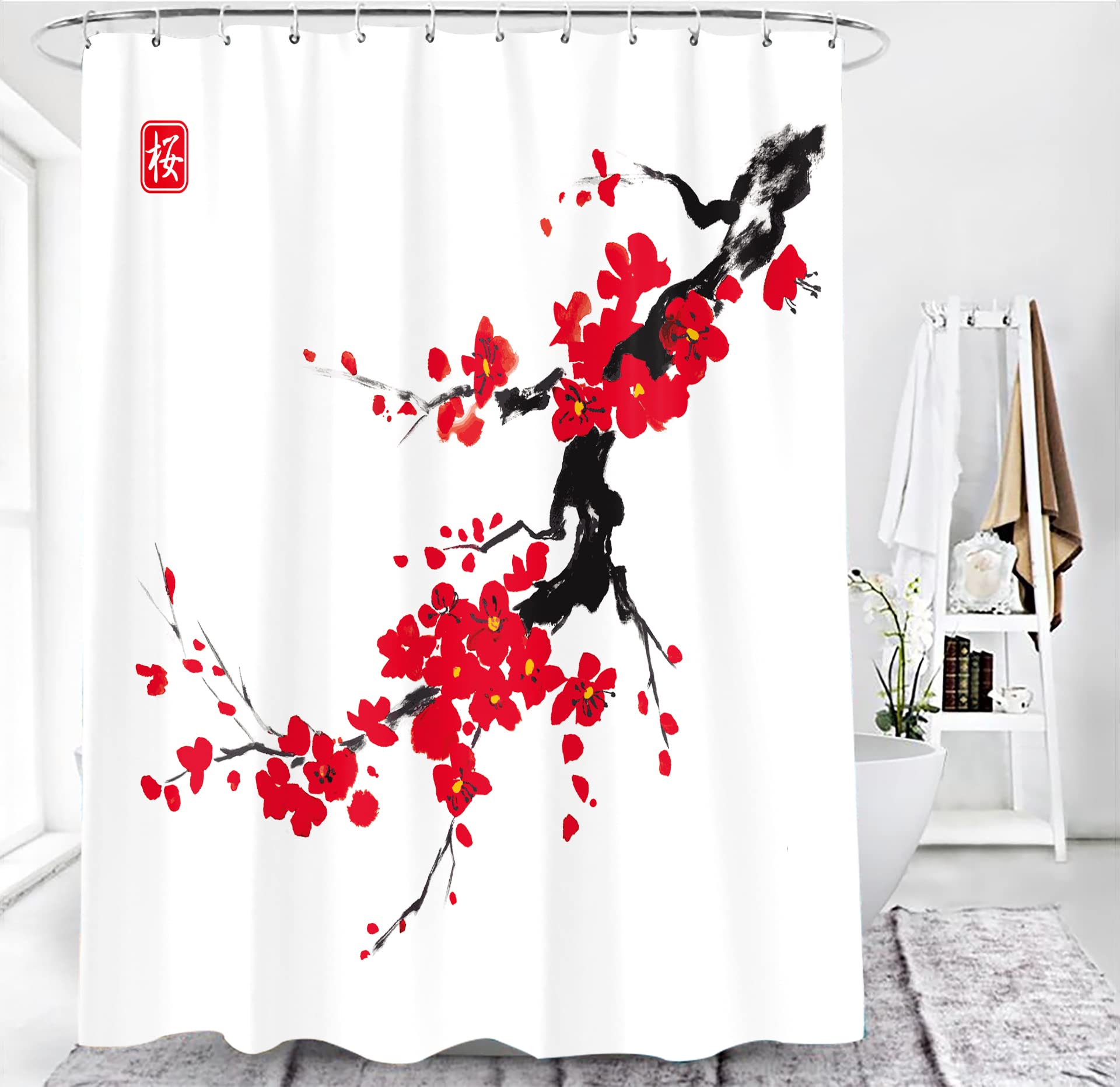 Rideau De Douche Hipposama Fleurs De Cerisier 183x183 Cm – Imperméable, Avec 12 Crochets – Tissu Polyester Rose – Décoration Salle De Bain