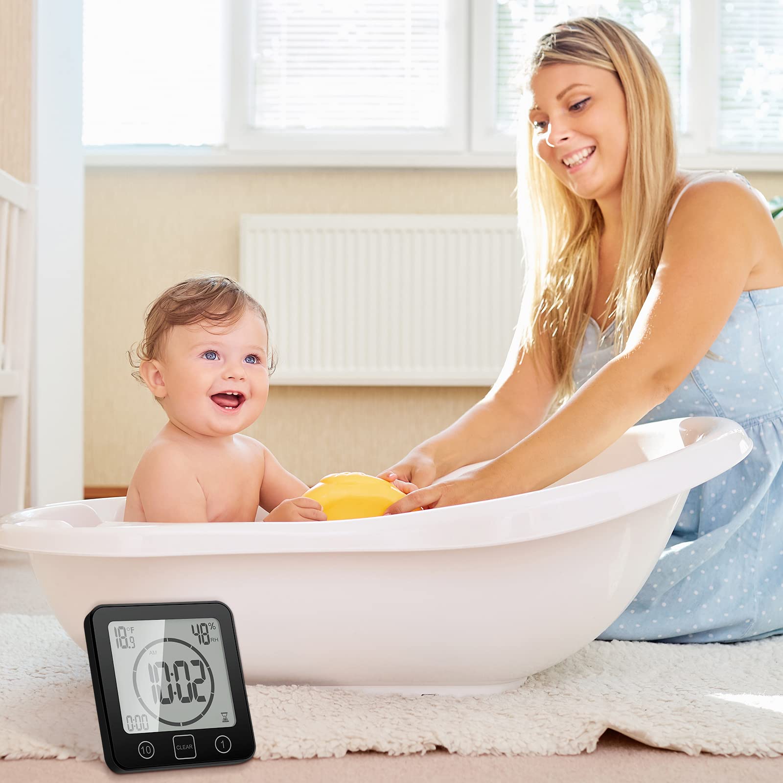 OurLeeme Orologio da doccia impermeabile quotidiano, orologio da bagno con timer con grande display LCD, indicatore di umidità, controllo timer, conto alla rovescia per la casa, il bagno
