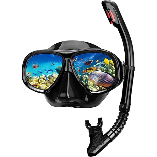 Snorkeling Gear for Adults, Snorkel Mask Adult Set Wide View Scuba Mask Anti-Leak and Anti-Fog Tempered Glass Lens Dry Top Mask Nose Cover for Youth (Black)