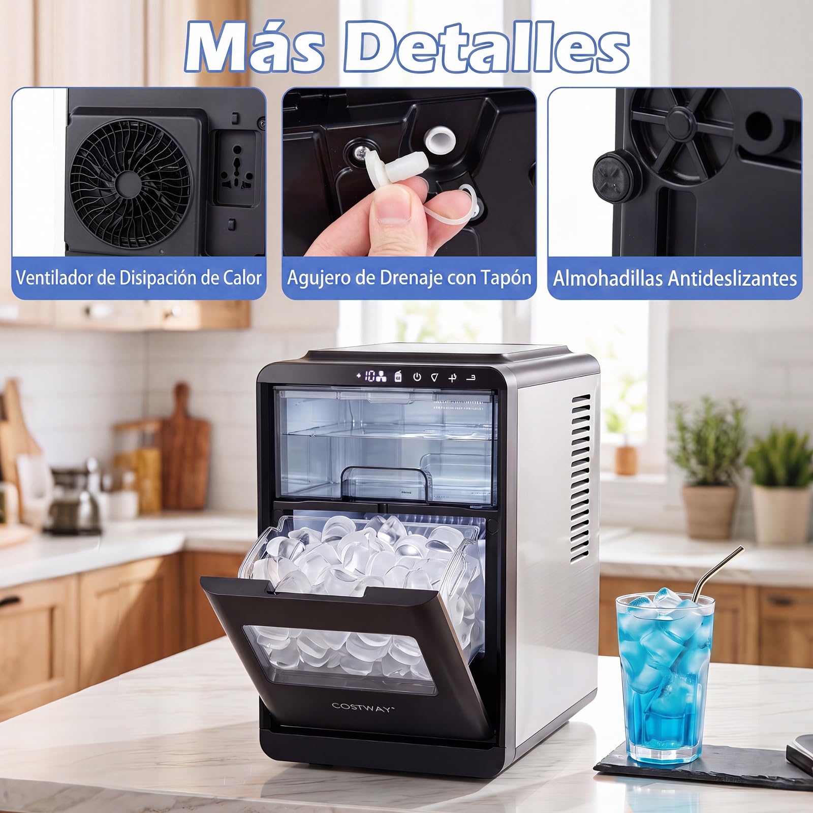COSTWAY Máquina de Hielo de Sobremesa, 12 kg/Día, 16 Cubitos en 15 Minutos | Maquina de Hacer Hielo con Grosor Ajustable,Autolimpieza,Panel de Control, Pala y Cesta, Casa/Cocina/Oficina/Bar