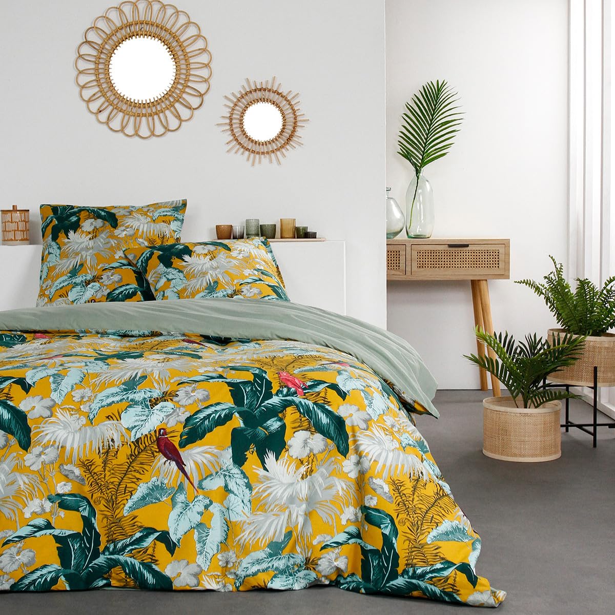 TODAY Parure da letto matrimoniale con stampa tropicale Sunshine, giallo e verde, 240 x 260 cm