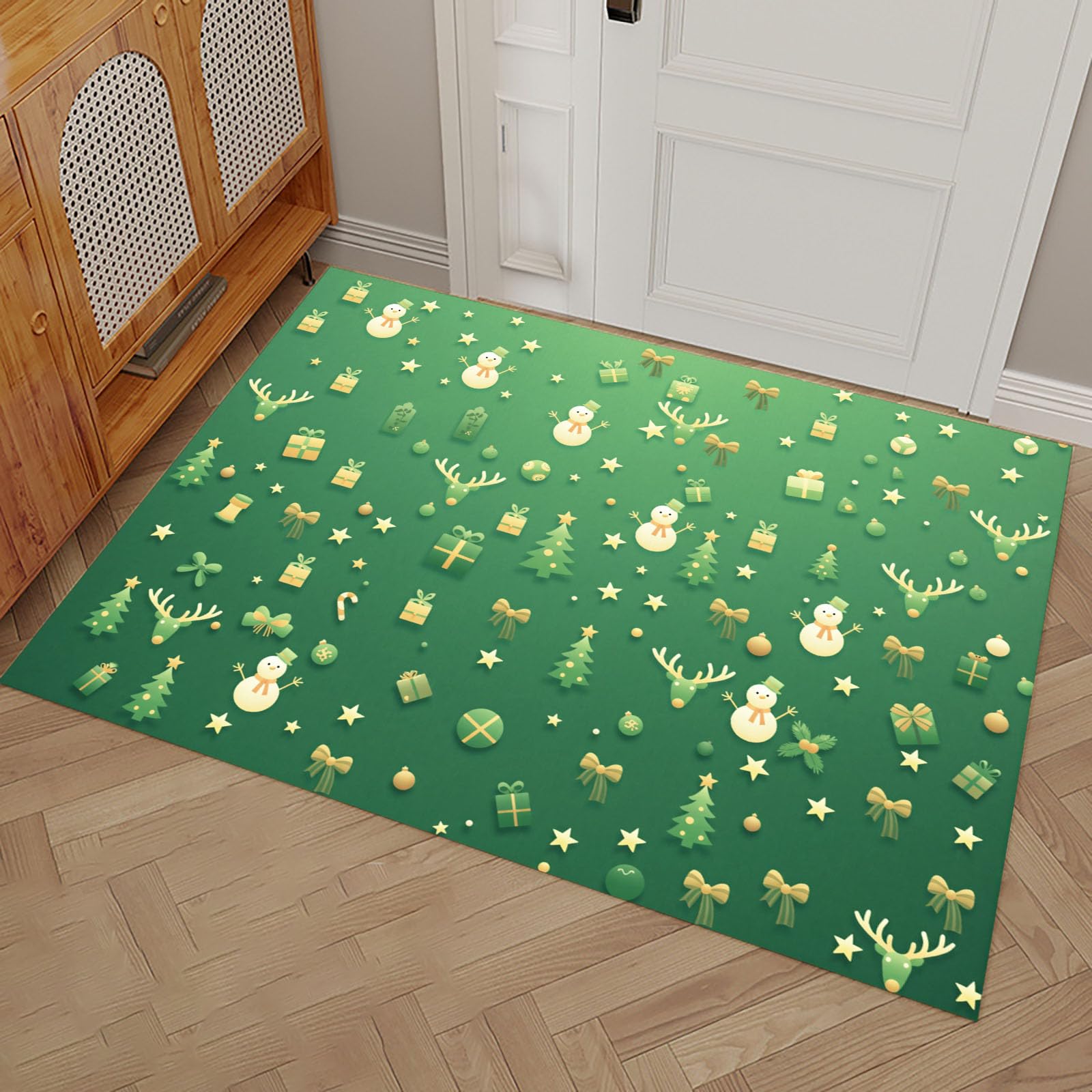 Alfombra Entrada Casa 60x120cm Felpudo Absorbente Muñeco Nieve Reno Y Regalos Alfombra Exterior para Puerta Icono Navideño Alfombrilla Antideslizante Atrapapolvo para Puerta, Pasillo, Jardín, Verde