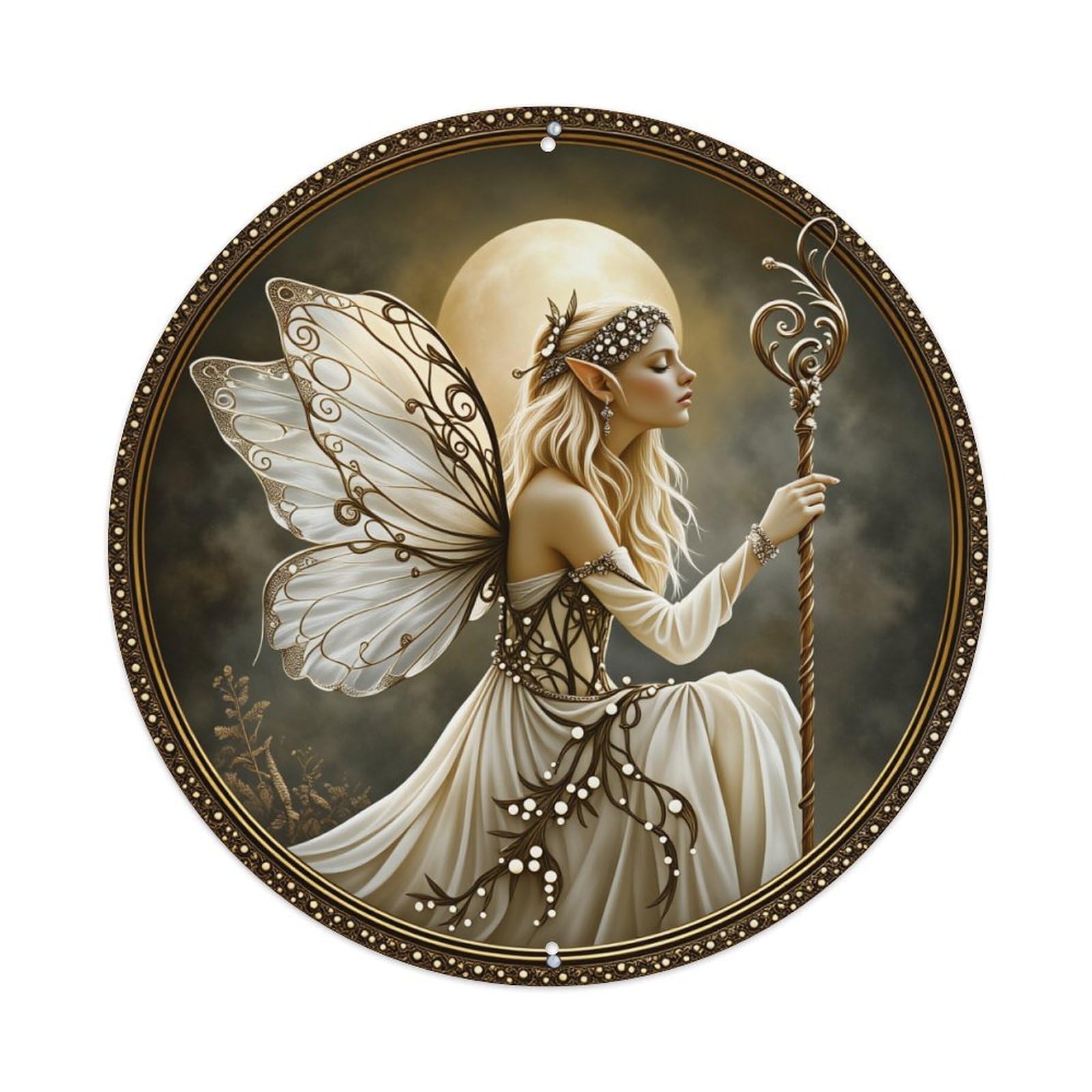 Fairy With Wings And Staff Round Tin Sign Vintage Style Metal Sign Home Bar Garden Wall Plaque Decor Metal Poster 8x8 Inch