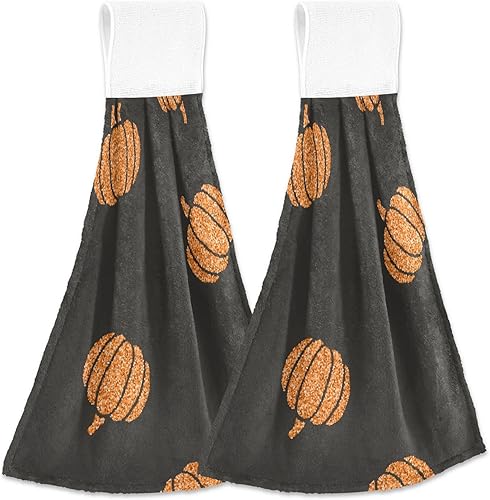Juego de 2 toallas de cocina con diseño de calabazas con purpurina y bucles para colgar, toallas de mano brillantes de otoño para baño, absorbentes