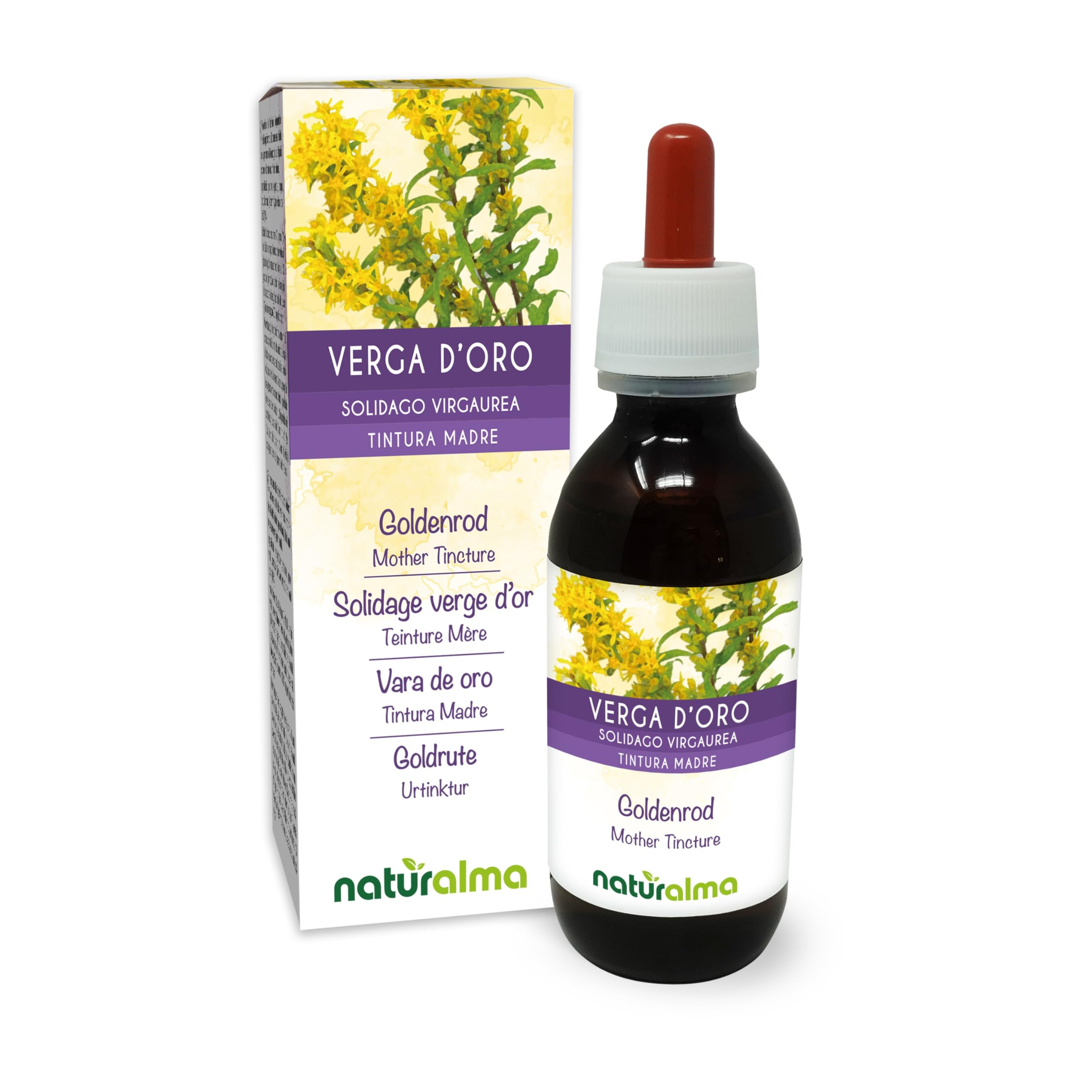 Goldenrod (Solidago virgaurea) herb with Flowers Alcohol-Free Mother Tincture Naturalma - Liquid Extract Drops 120 ml - Food Supplement - Vegan
