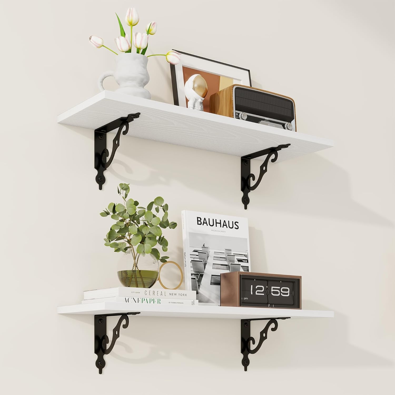 Floating Shelves for Wall Decor, 24Inch Wall Shelves Set of 2, 24W x 8D Floating Shelves Wall Mounted with Metal Brackets, Rustic Wood Shelves for Living Room Bedroom Kitchen, White 23.6 Inch White