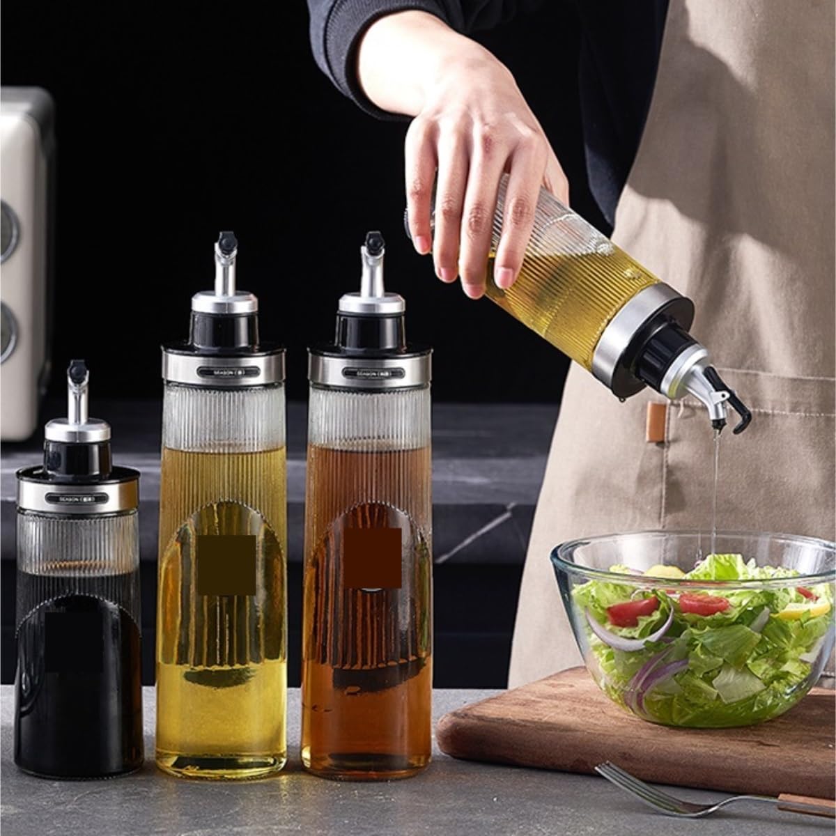 Essig und Ölflaschen Set 4-teiliges Set Aus Glas Sojasauce Essig Gewürzflasche Küche Öltank Ölspender Sirupspender(Gold,29cm)