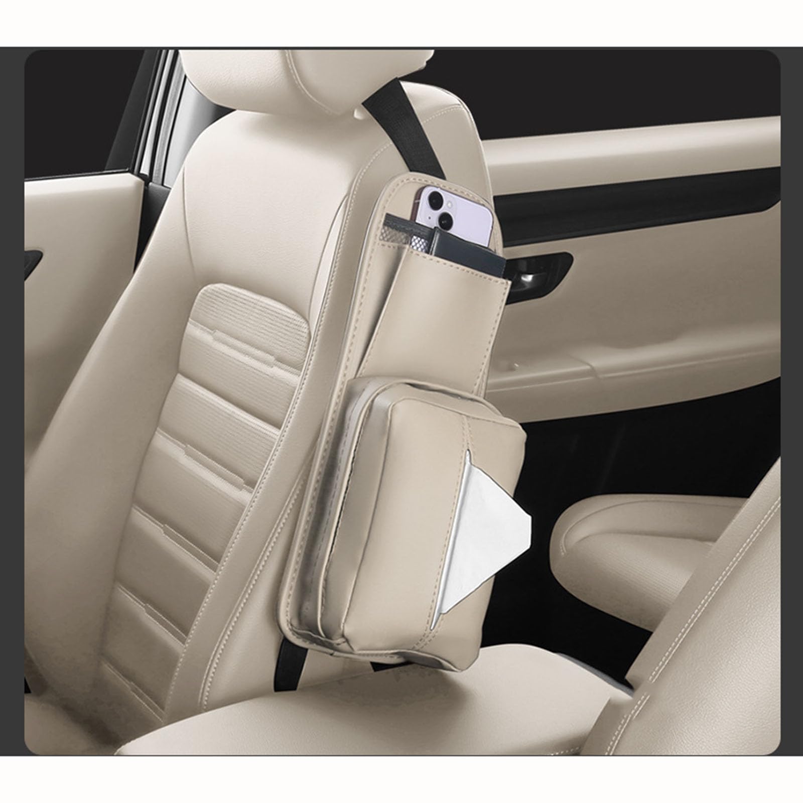 ADUYHCZ Car Seat Side Organizer, For Citroen C3/C3 Aircross/C3 Picasso/AirCross/C3 Pluriel Leather Car Tissue Holder with Phone Pocket, Premium Seat Hanging Storage Bag,Beige