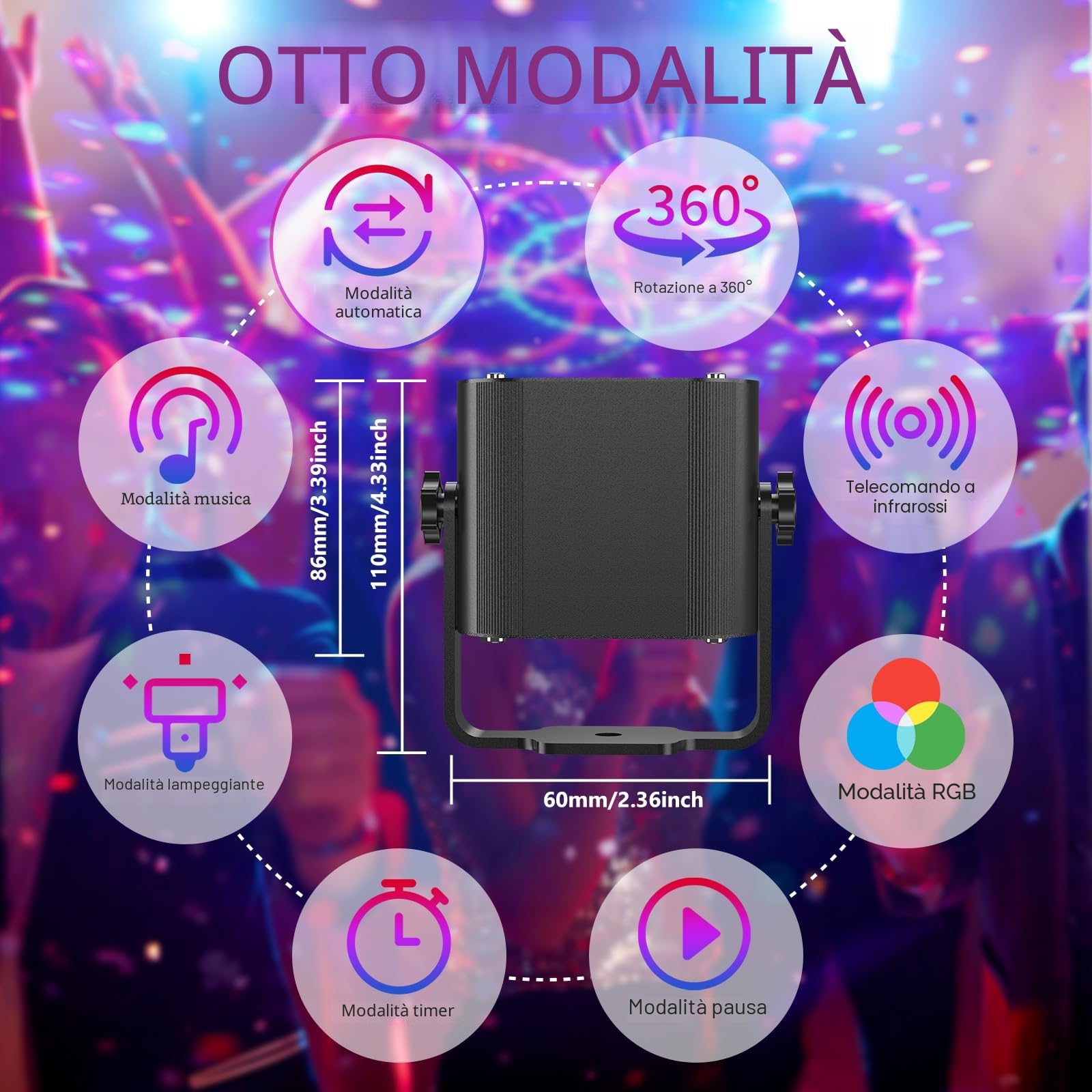 Luci Discoteca LED Wireless 4500mAh 60 Effetti Stroboscopici Testa Mobile DMX DJ Nero