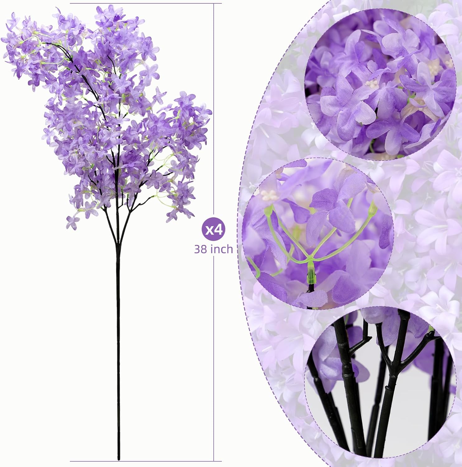 4PCS 38inch Lilac Artificial Flowers Purple Fake Delphinium Long Stem Silk Real Touch Flower Faux Lilac Floral Arrangement for Tall Vase Table Centerpieces Wedding Garden Home Decoration(Purple) - Image 2