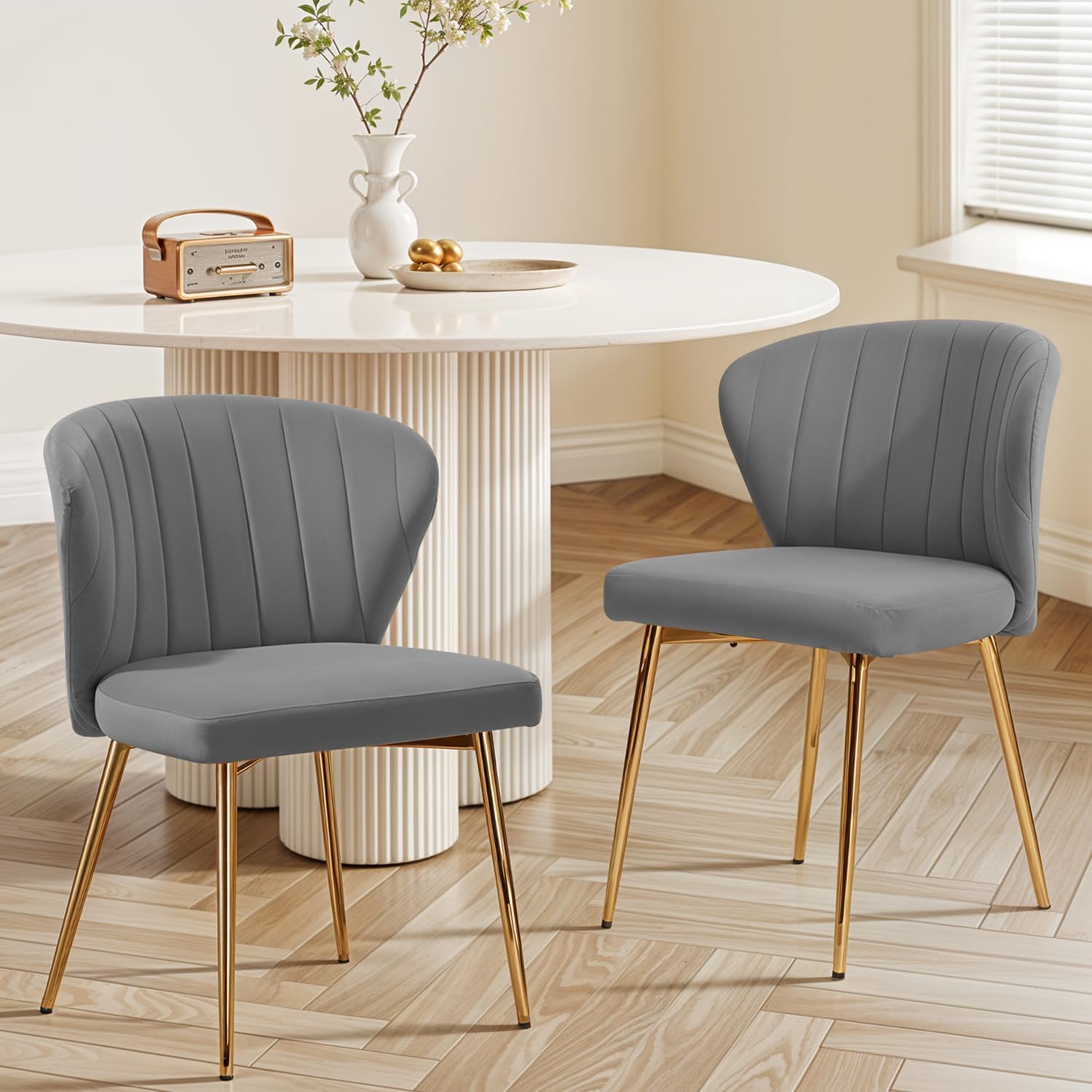 MOJAY Velvet Dining Chairs Set of 2, Modern Upholstered Dining Room Chairs with Gold Metal Legs, Accent Vanity Chairs for Kitchen, Living Room, Patio (Grey)
