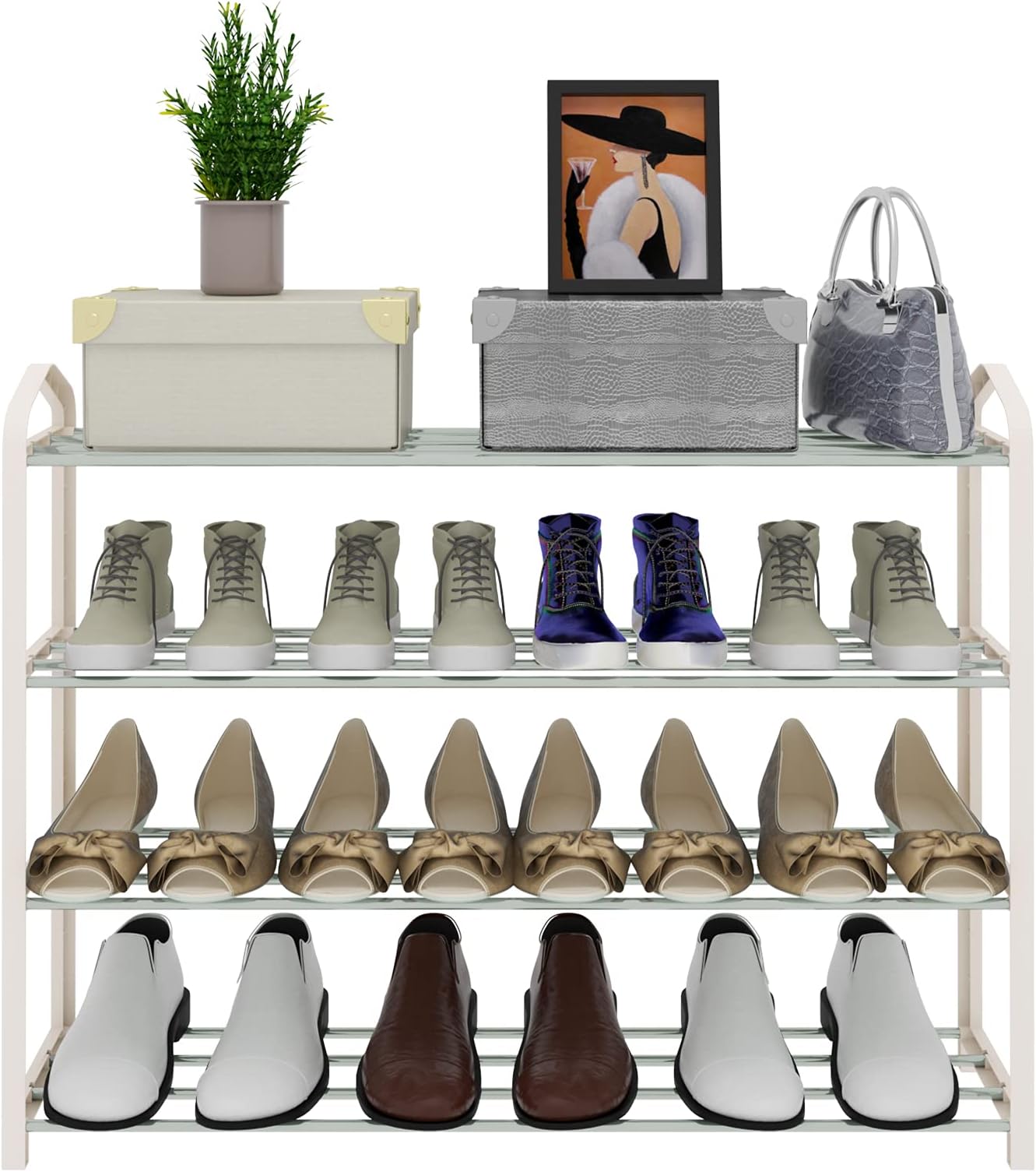 eSituro 4-Tier Shoe Rack Organiser for 12-16 Pairs of Shoes, Free Standing Shoe Shelving Unit, PP Metal Shoe Storage in Entrance Hallway, 79x62x20cm Footwear Storage Organiser Beige SSHR0023