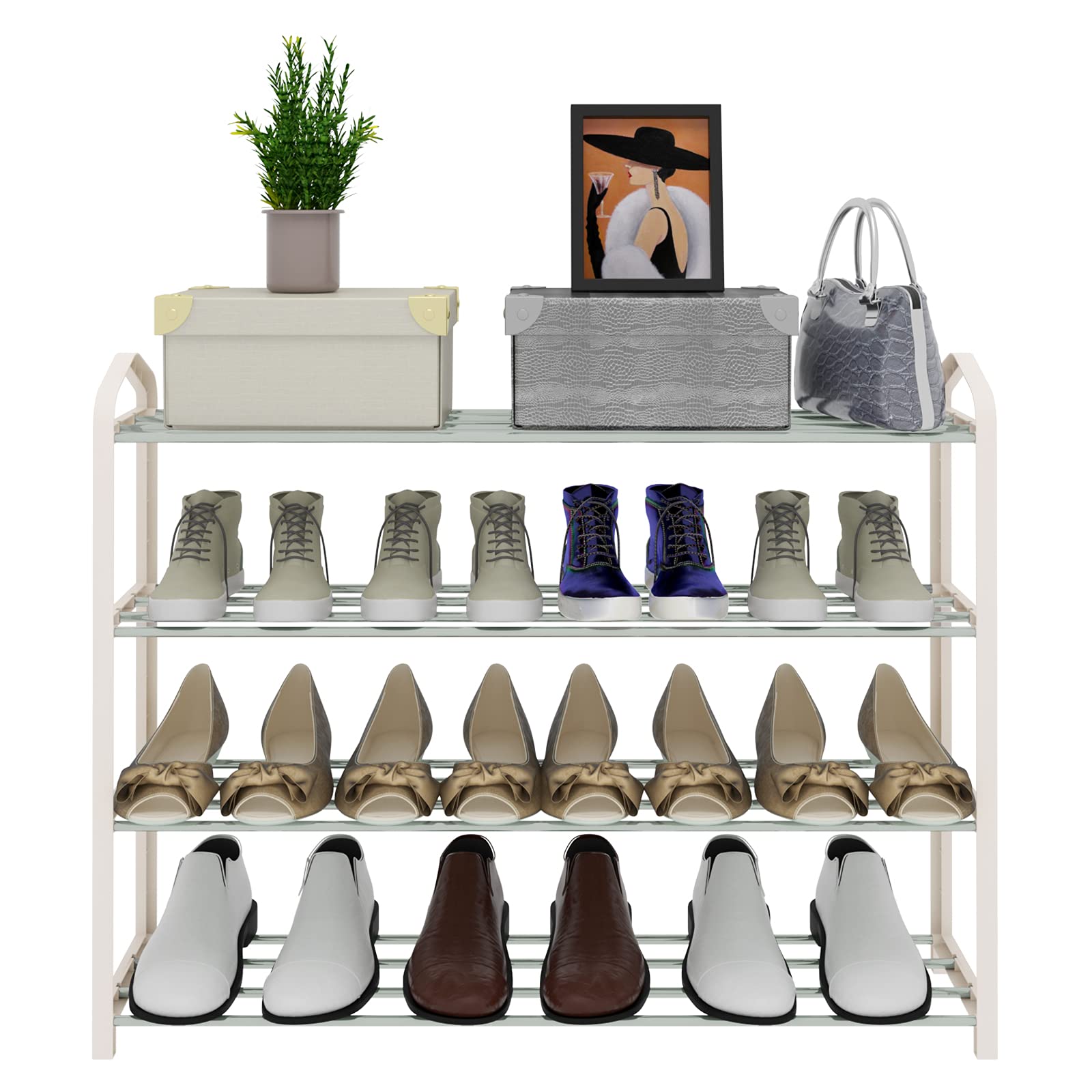 eSituro 4-Tier Shoe Rack Organiser for 12-16 Pairs of Shoes, Free Standing Shoe Shelving Unit, PP Metal Shoe Storage in Entrance Hallway, 79x62x20cm Footwear Storage Organiser Beige SSHR0023