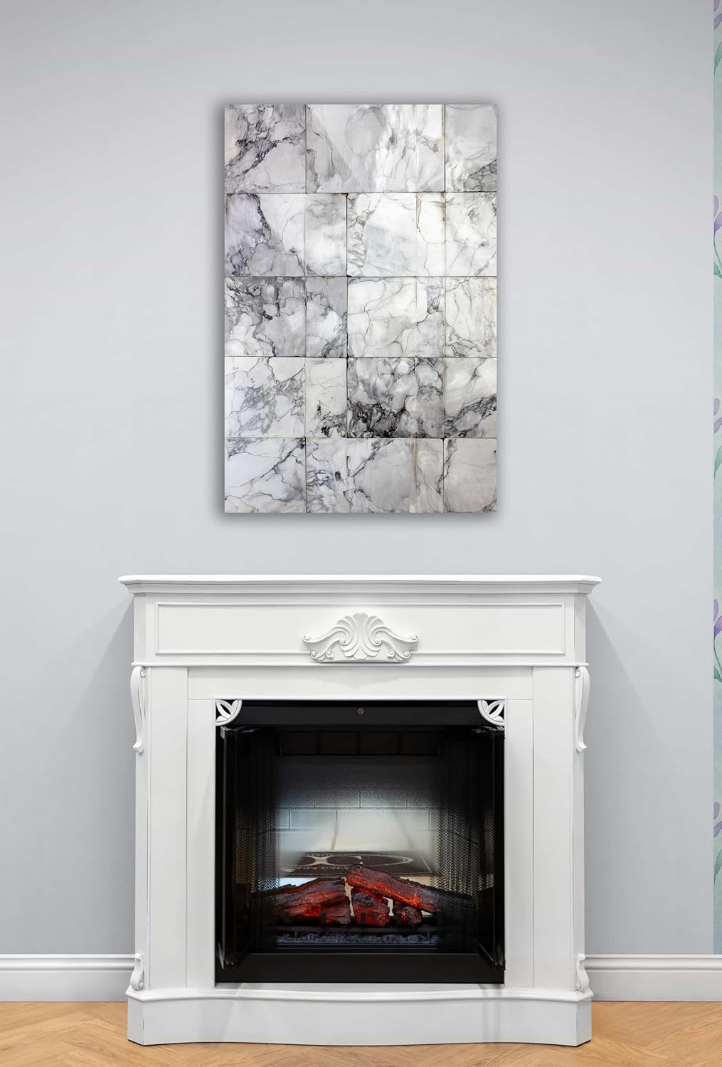 Tempered Glass Wall Art, Modern White Marble Tile Print, Luxury Grey Stone Decor - Large Abstract Office Hanging, Elegant Home Design Gift