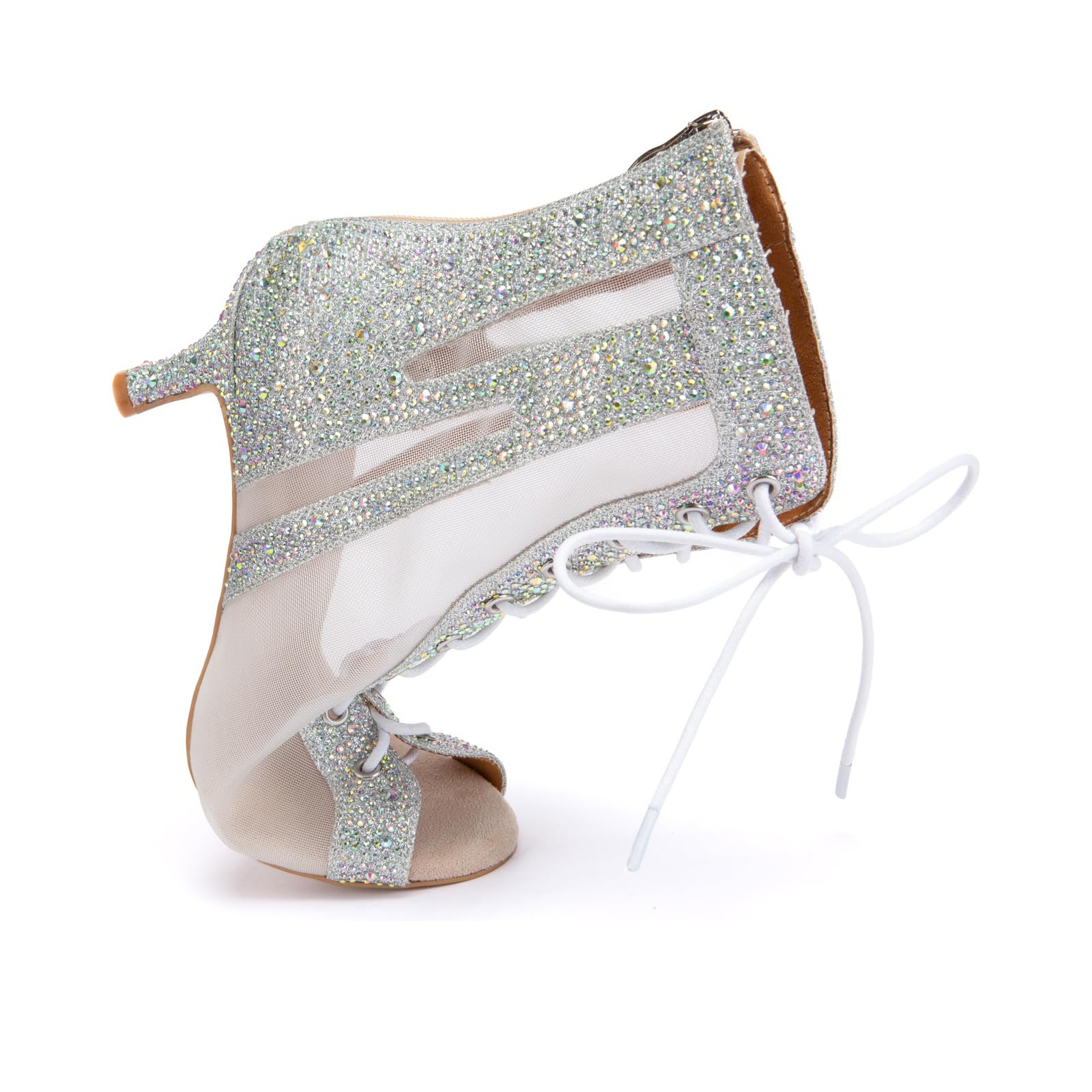 SWDZM Stivali Ballo Latino Donna Punta Aperta con Strass | Tomaia in rete traspirante con glitter,chiusura frontale con lacci regolabili,suola in scamosciata,tacco 7 cm,punta aperta