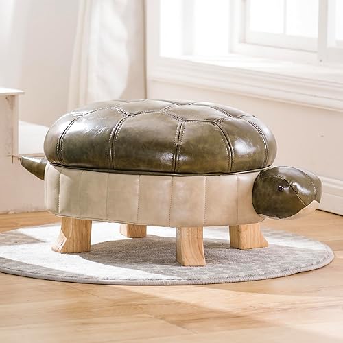 Reposapiés otomano tapizado de animales, puf de cuero otomano tapizado con tortuga, taburete de madera para sala de estar, dormitorio, sofá, banco y