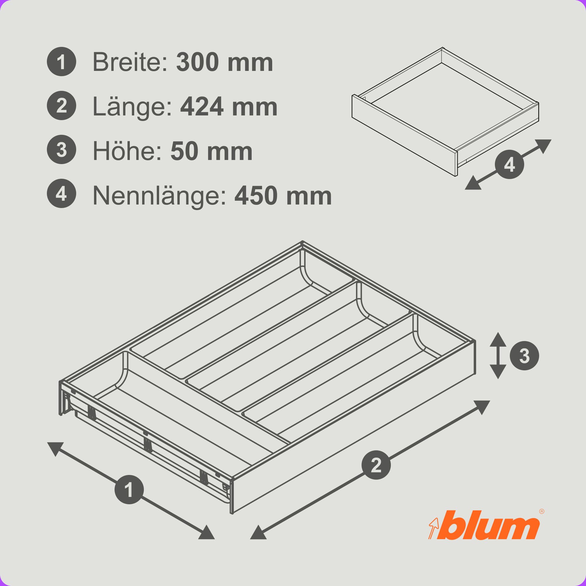 Blum AMBIA-LINE Besteckkasten mit Soft-Touch | Premium Schubladen-Organizer für moderne Küchenschublade & Schrank | schützt, sortiert & ordnet Besteck und Küchenhelfer | 42,5×30×5,1 cm | Oriongrau