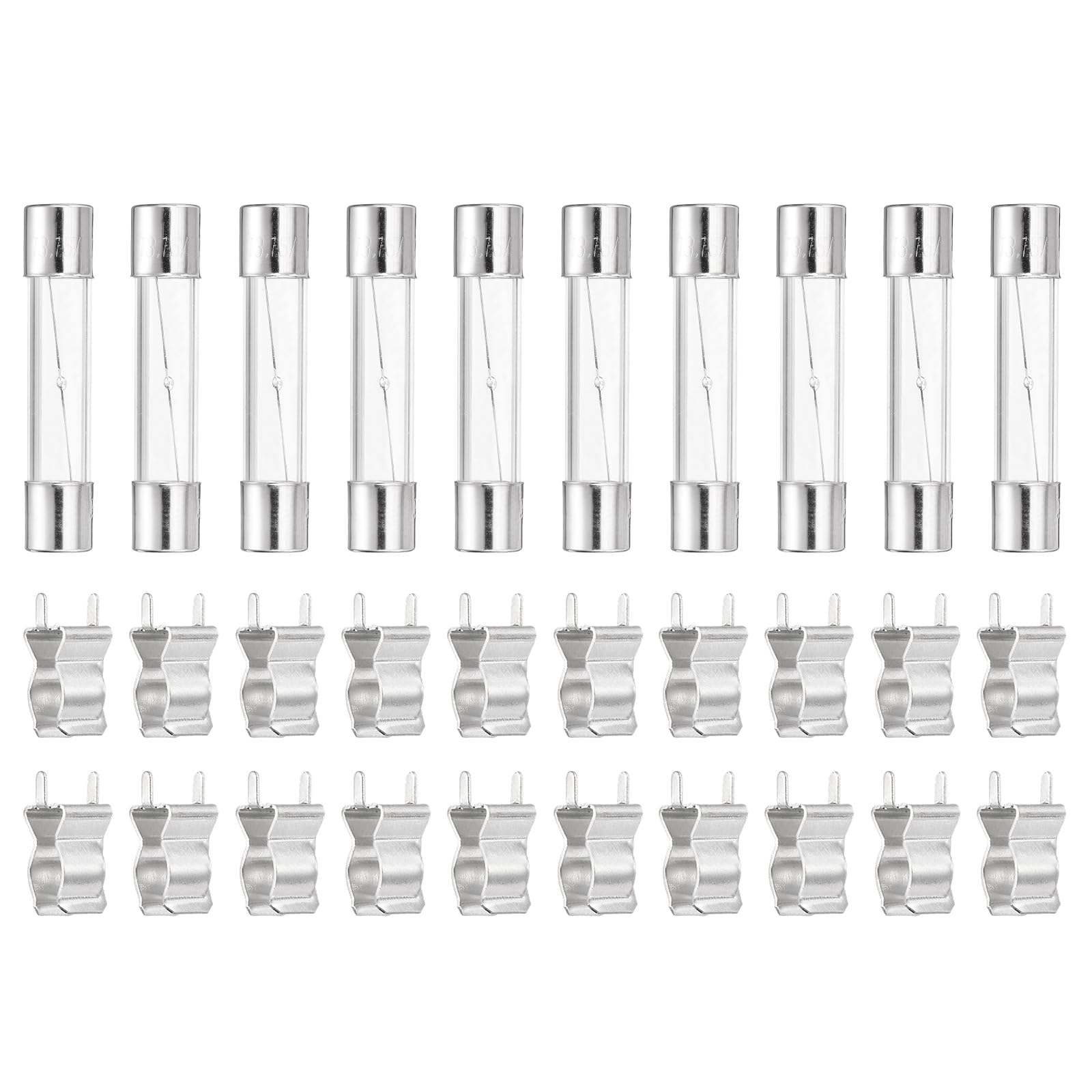 sourcing map Glass Tube Fuses, 6x30mm 3.15A 250V Slow Fast Blow Glass Cartridge Tube Fuse with 20pcs Safety Clip for Replacing or Repairing Many Home Electronics(Pack of 10)