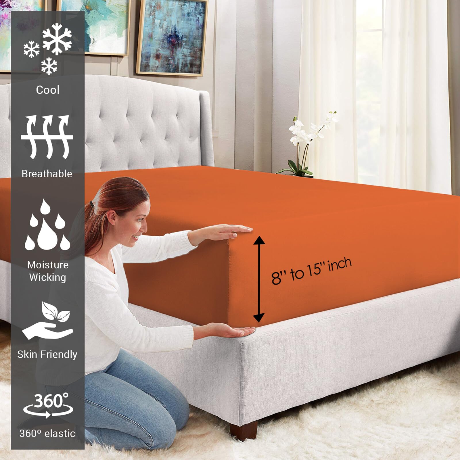 Pizuna Pure 100% Cotton King Fitted Sheet - Luxurious 400 Thread Count Long Staple Cotton Sateen Weave 15