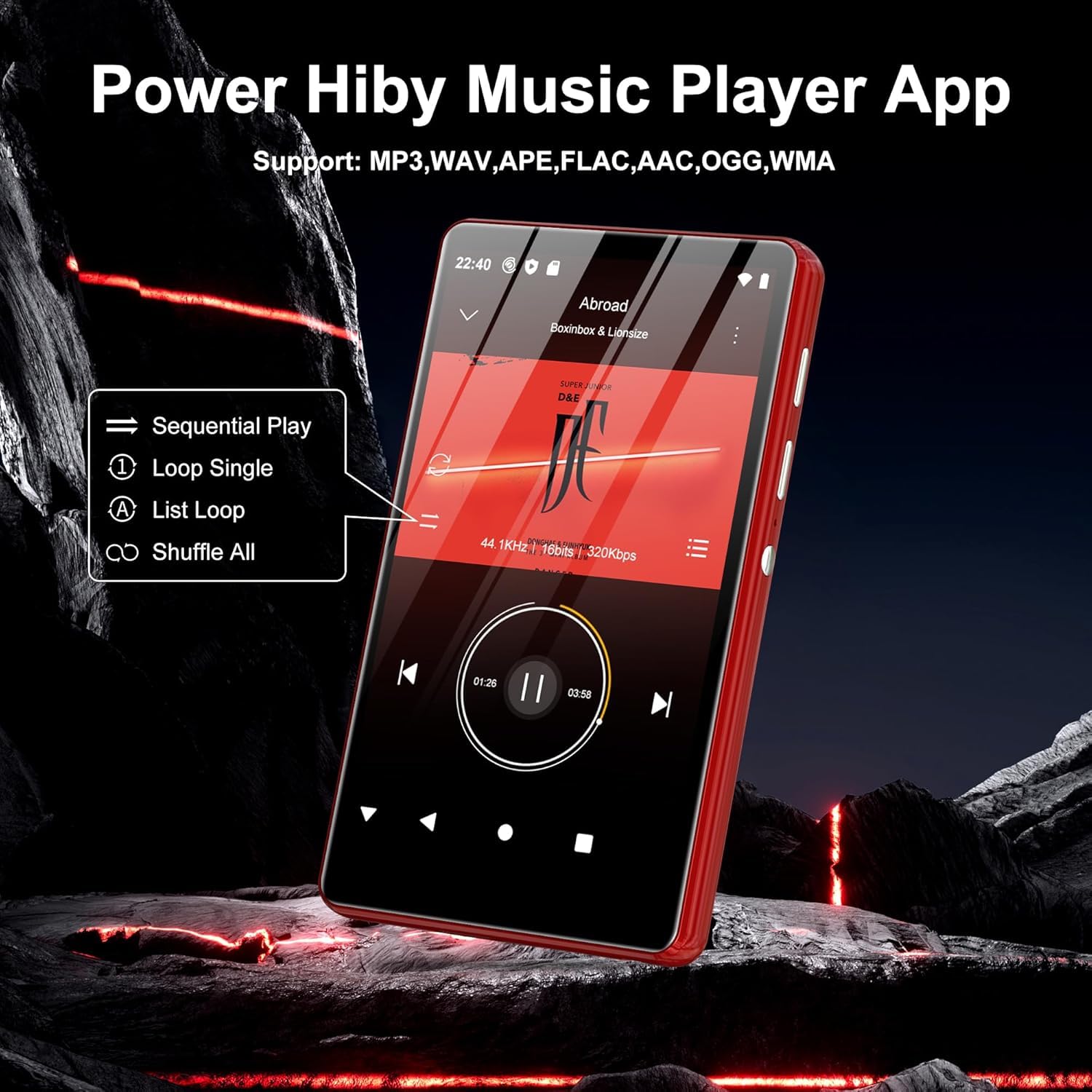Reproductor MP3 SWOFY con Bluetooth y WiFi, Reproductor MP3/MP4 táctil de 4,0 Pulgadas portátil estéreo, Radio FM, grabadora, Libro electrónico y navegador (Negro) (Rojo)