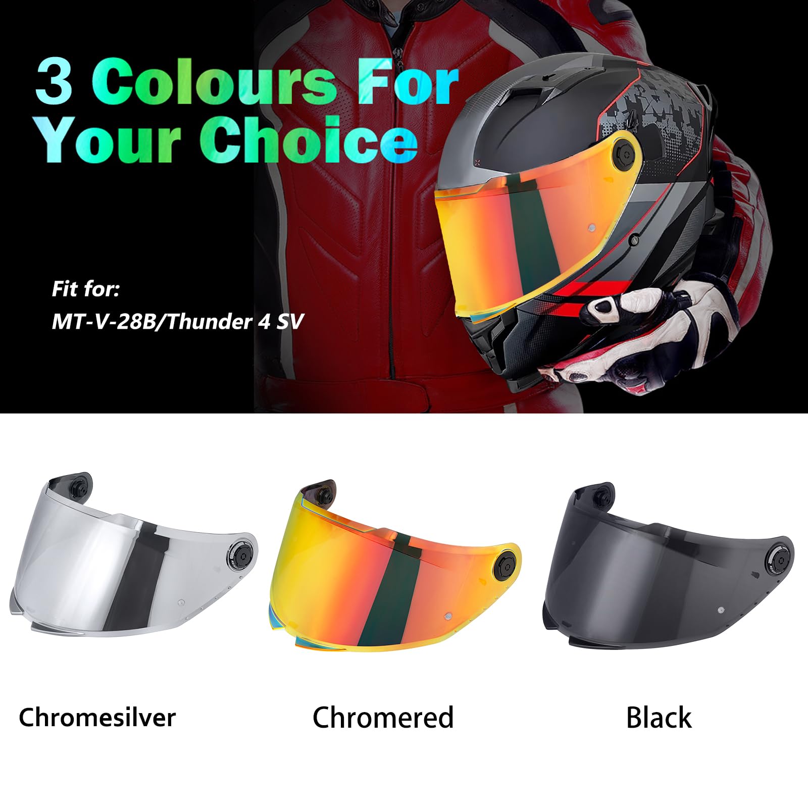 Visiera Casco,Protezione per Il Vento del Motociclo,Casco Parabrezza Moto Visiera a Lente Integrale per per MT-V-28B Thunder 4 SV,Accessori per Caschi da Moto (Cromo Argento)