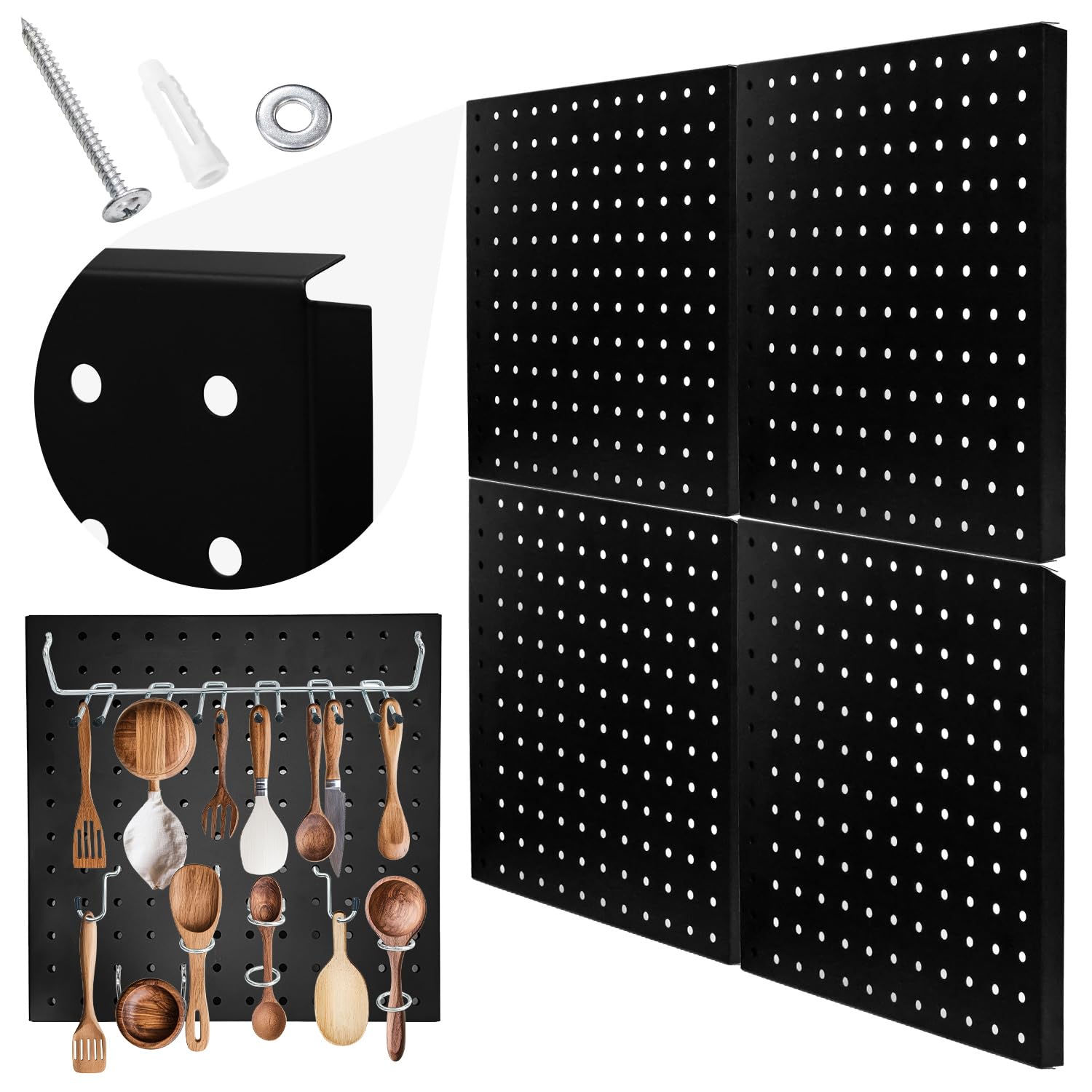 Confezione da 4 pannelli forati in metallo, 30,5 x 30,5 cm, organizer da parete per pareti di casa, garage, organizzazione dell'ufficio, sala artigianale, banco da lavoro (nero)