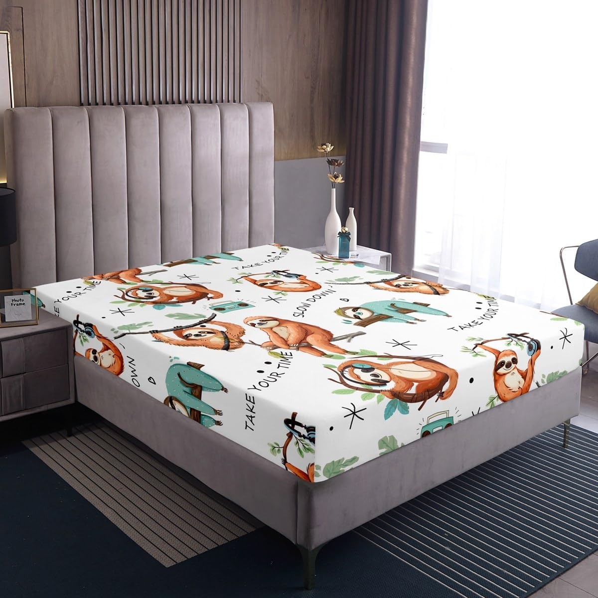 Erosebridal Cute Sloth Bed Sheets, Kids Cute Animal Print Fitted Sheet Queen, Funny Sloth Lying On Branches Fitted Bed Sheets Headset Music Cartoon Bedding Decor Set with Deep Pocket, Brown White