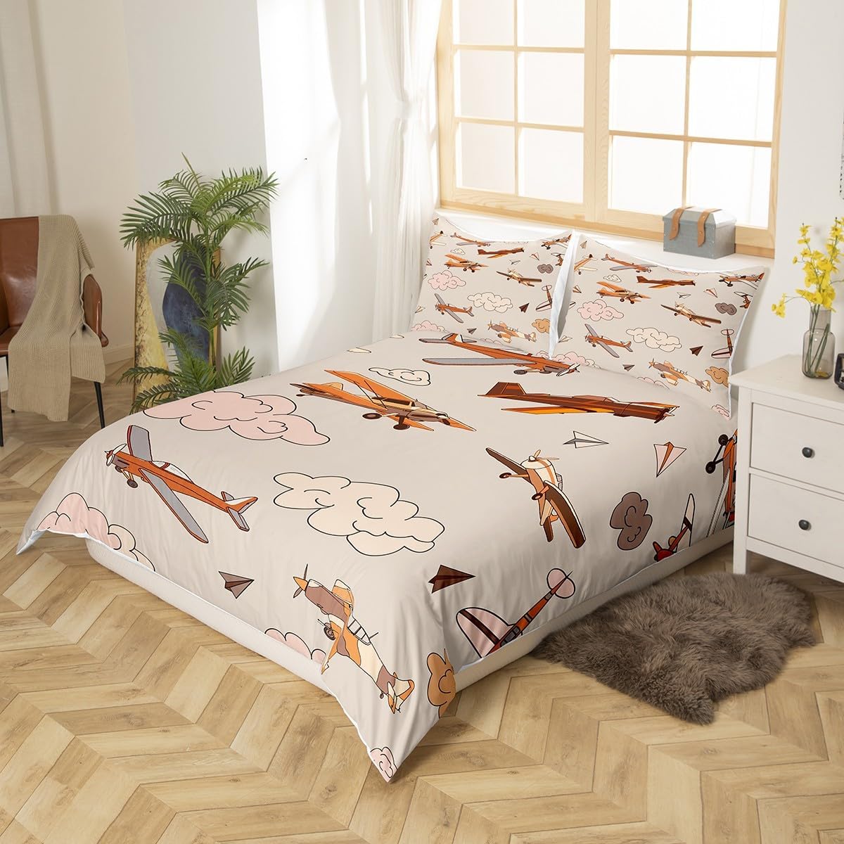 Airplanes Duvet Cover Vintage Airplane Bedding Set Aircraft Print Comforter Cover for Boys Girls Kids Room Decor Airplane Flying Lightweight Bedspread Cover Twin Size with 1 Pillow Case(No Comforter)