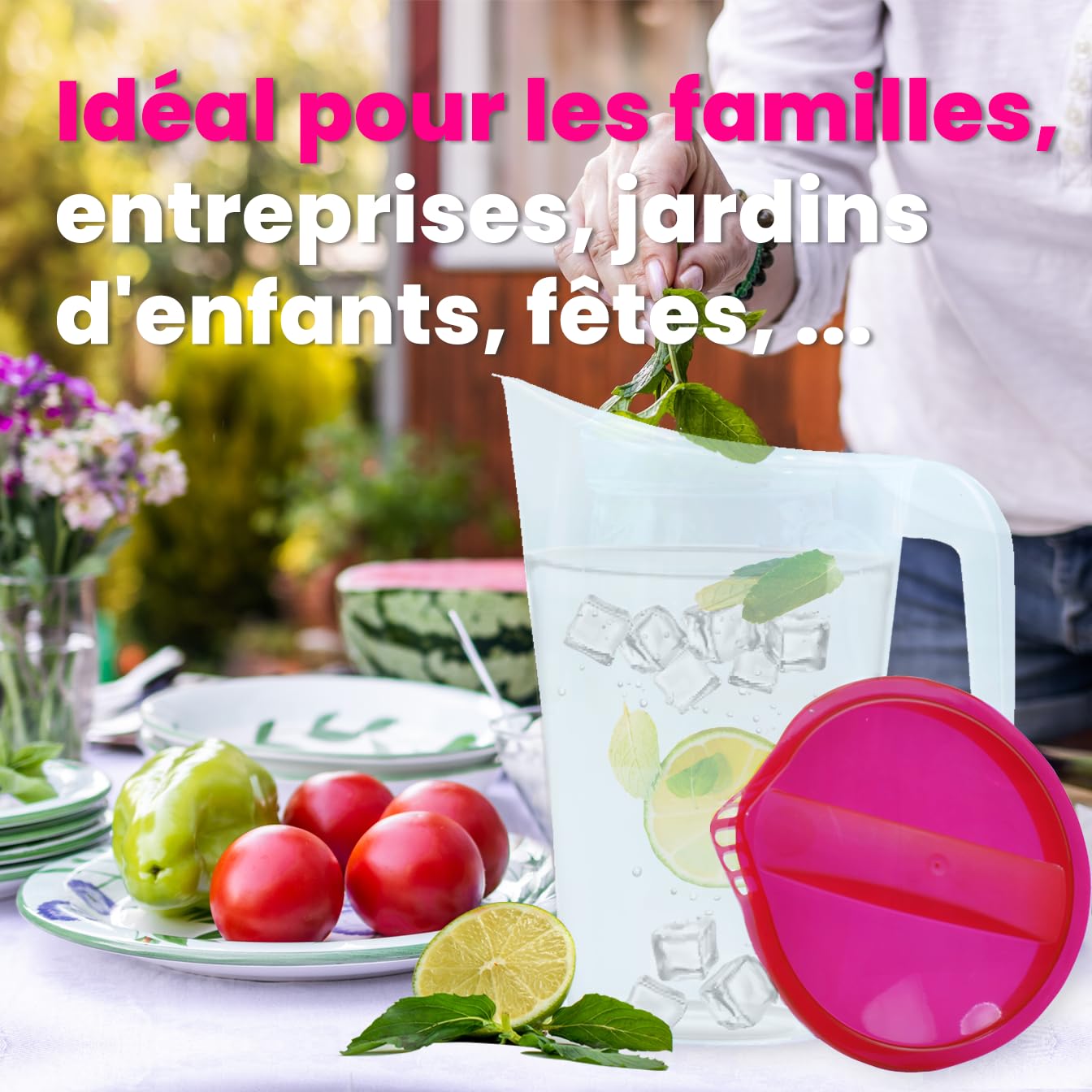 Home Line Lot de 12 pichets à jus de 1,7 l - Verseuse avec bec verseur extérieur anti-goutte - Carafe à eau pour réfrigérateur - Distributeur de jus (bleu, vert, rouge)