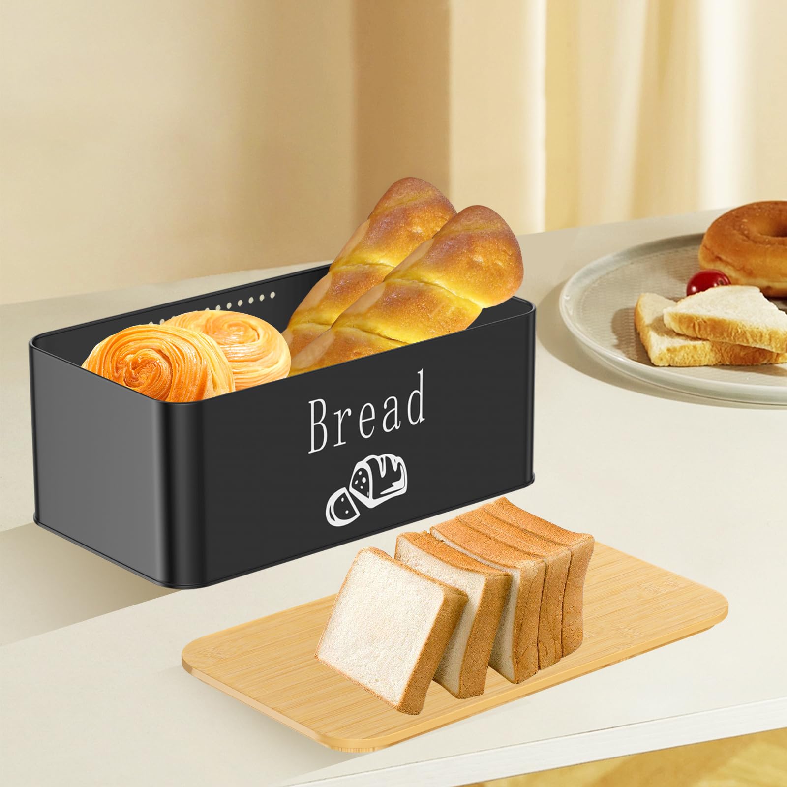 Portapane, Cassetta per Pane, 2 in 1 Portapane in Metallo con Coperchio in Bambù, Può Essere Utilizzato Come Tagliere, per Una Freschezza Duratura, 33x18,4x13cm (Nero)