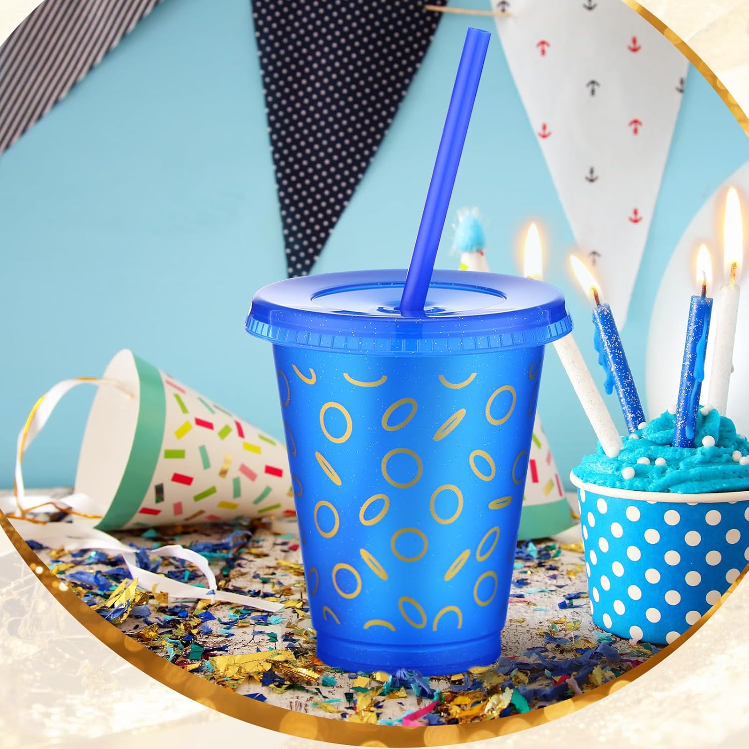 Havawish 12 Pcs Blue with Gold Ring Print Plastic Tumbler with Lid and Straw Cartoon Birthday Party Favors 16 oz Reusable Plastic Cups Video Game Themed Party Decorations - Image 7