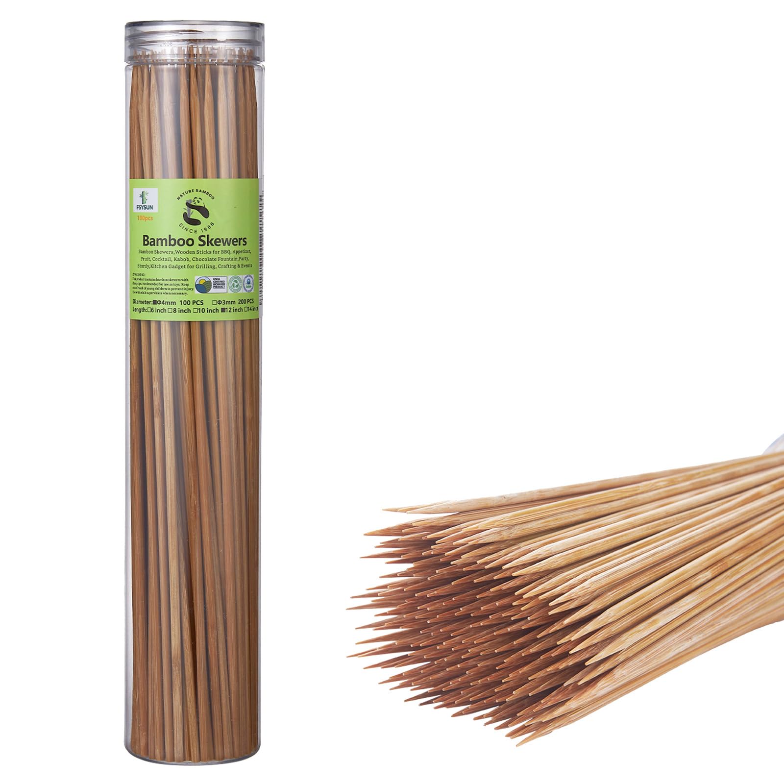 View 1 of 100-Pack 12" Bamboo Skewers (4mm Thick), Unbleached Carbonized Heavy Duty Wooden Sticks for Grilling, Marshmallow & S'mores Roasting, BBQ Kabobs, Appetizers, Fruit Shish Kebabs, Chocolate Fountain