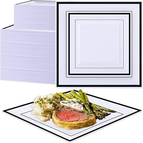 200 platos cuadrados de plástico, 100 platos desechables de 9.5 pulgadas y 100 platos de aperitivos de 6.5 pulgadas, 100 invitados, platos elegantes