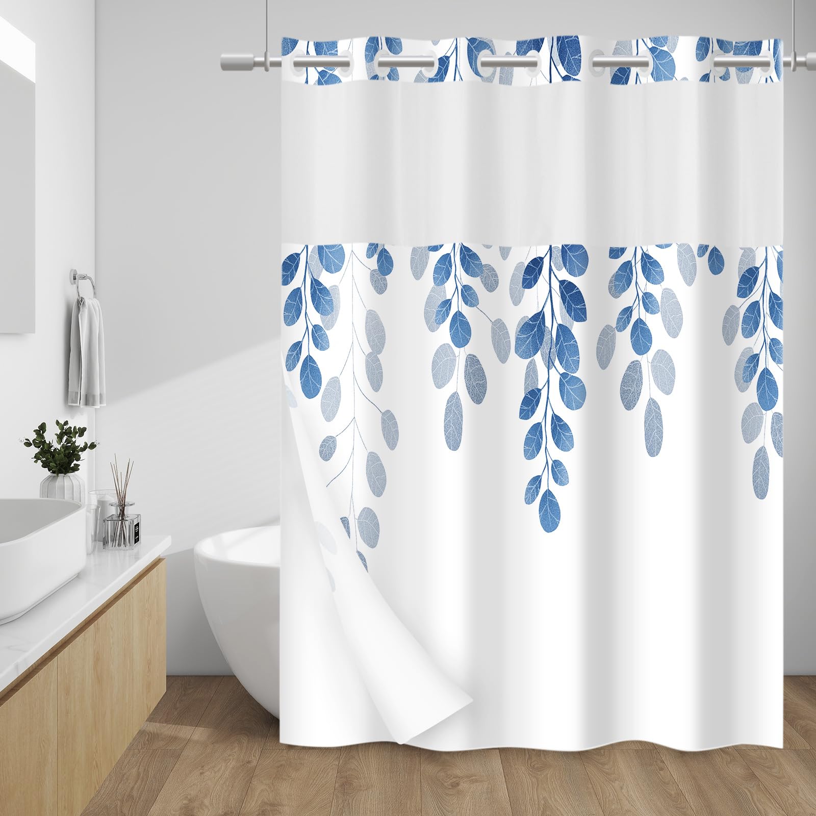 WITHLOC No Hook Shower Curtain with Snap in Liner, Removable Liner Water Repellent, Easy Install & Machine Washable, Hotel Style Bathroom Watercolor Floral Curtain, Blue, 71" W x 74" L
