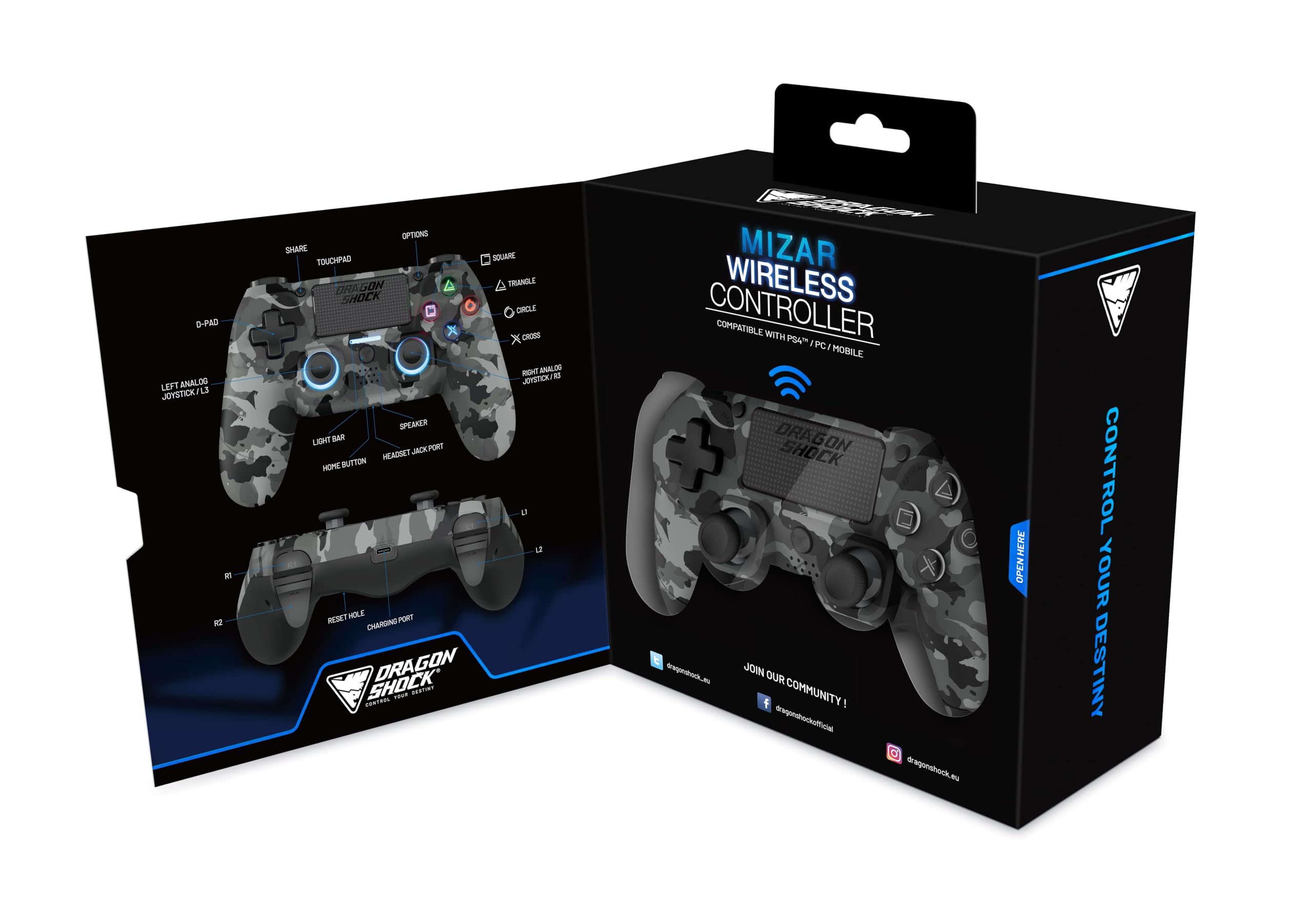 DRAGON SHOCK DragonShock - MIZAR BT - Controlador inalámbrico para PS4, PC y dispositivos móviles (Gris camuflaje)