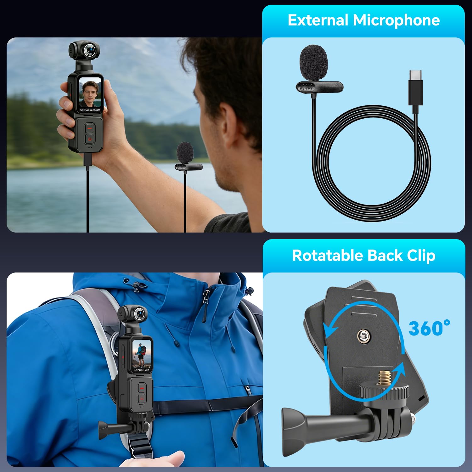 Camera Vlog avec Objectif Rotatif Motorisé 270° et Suivi du Visage, Camera Pieton 5K Portable pour Vlog Solo, POV et Voyage, Clip, Micro Externe, Télécommande et Carte Mémoire 64 Go Inclus