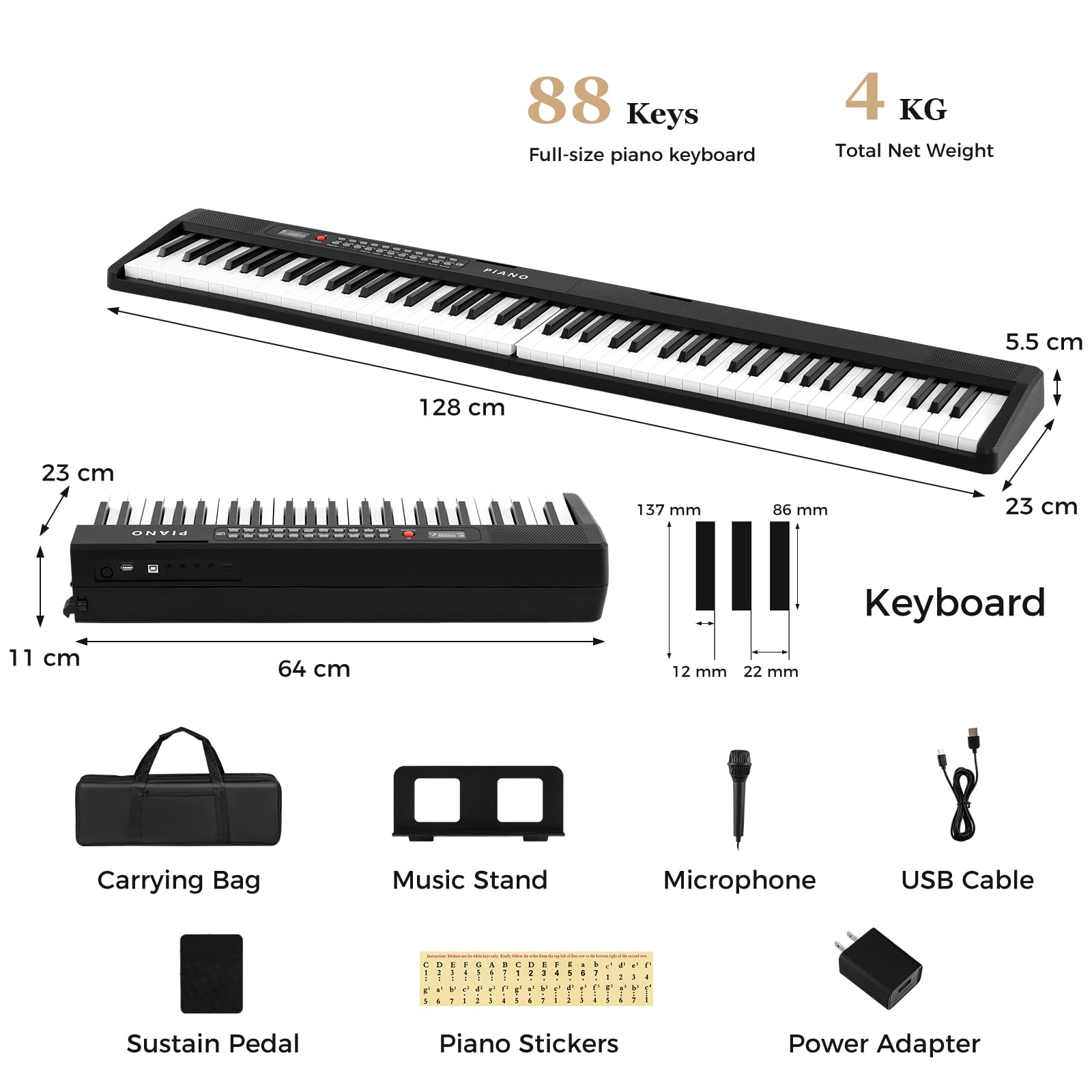 KOMFOTTEU Piano Numérique 88 Touches, 1000 Sons, 1000 Rythmes & 150 Chansons de Démonstration, Clavier de Piano Électroniques avec Microphone, Pianos Numériques pliables, Double Clavier, noir