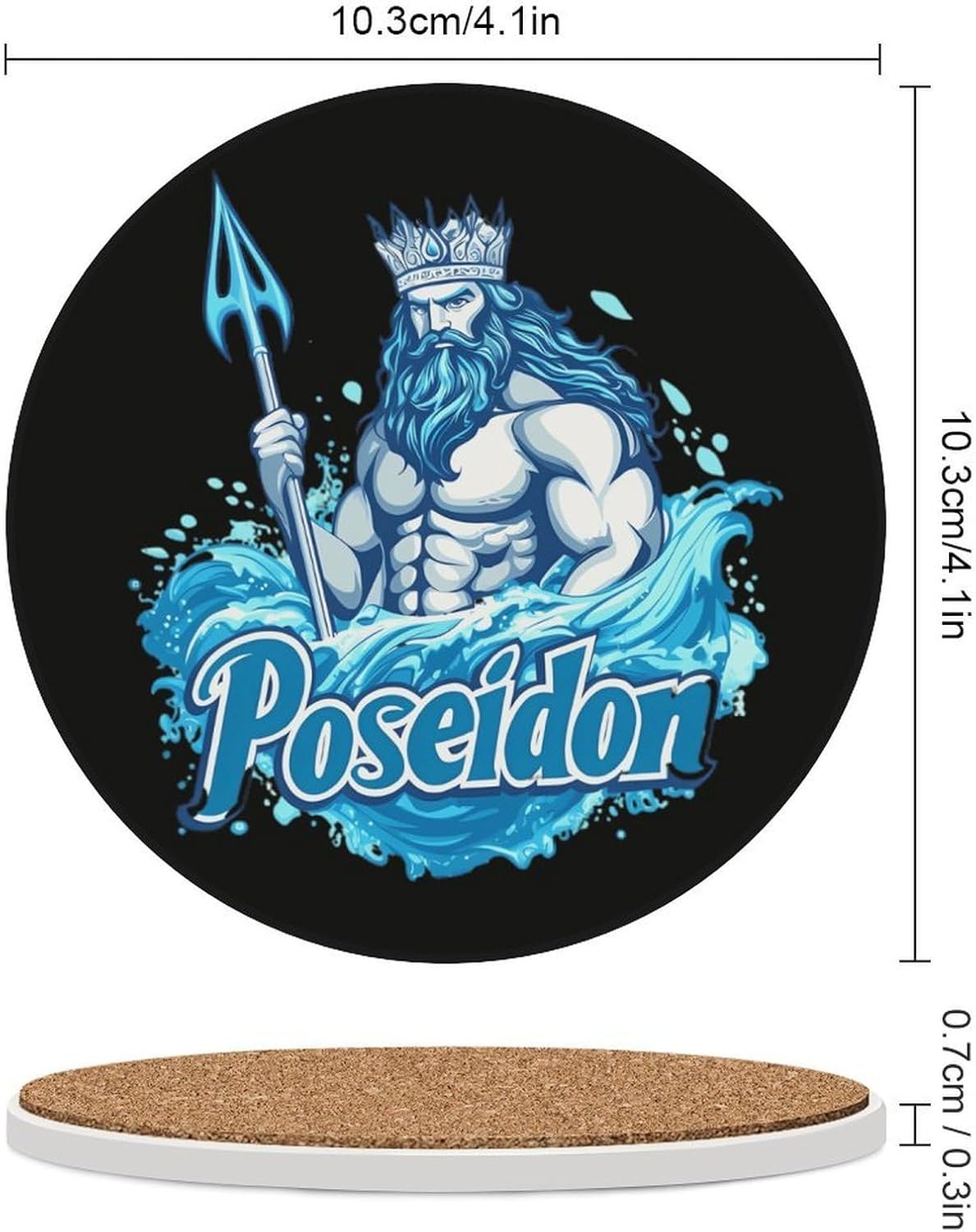 Poseidon Ancient Greece Mythology Funny Round Ceramic Coasters for Drink Absorbent Cup Holders Tabletop Protection