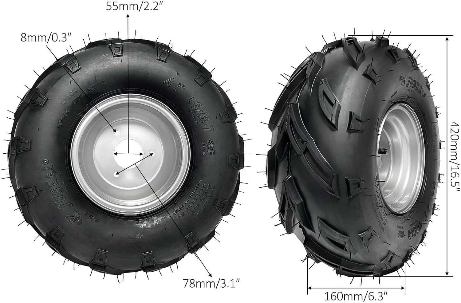 16x8-7 ATV Wheel and Tire Assembly 7-Inch Rim 3-Stud Front/Rear Wheel for Go Kart, UTV, Quad, Mini Bike, Drift Trike, Lawn Mower, 110cc–150cc Off-Road Vehicles